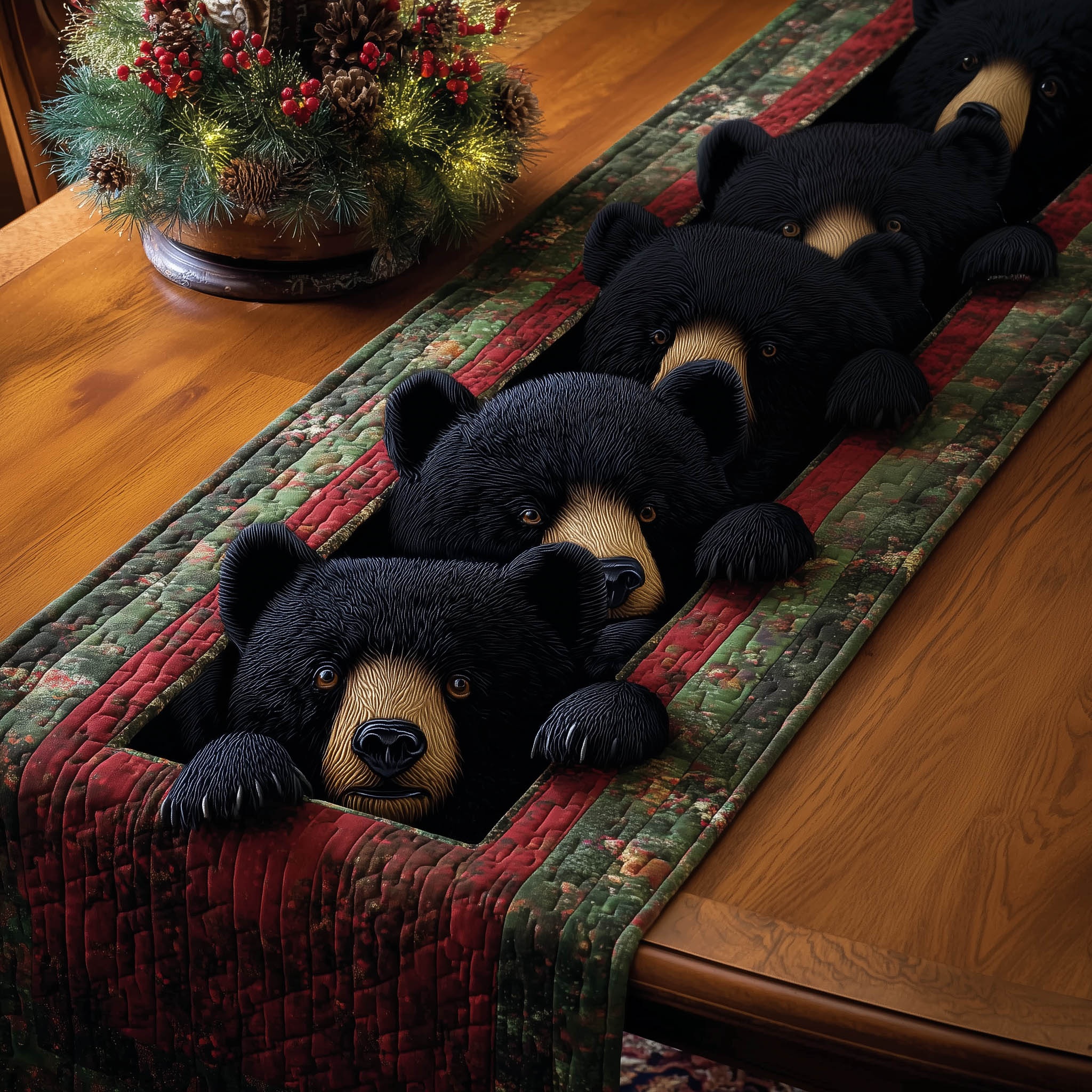 Bear Family Quilted Table Runner Seasonal Tabletop Decor Gift For Kitchen Dining Space