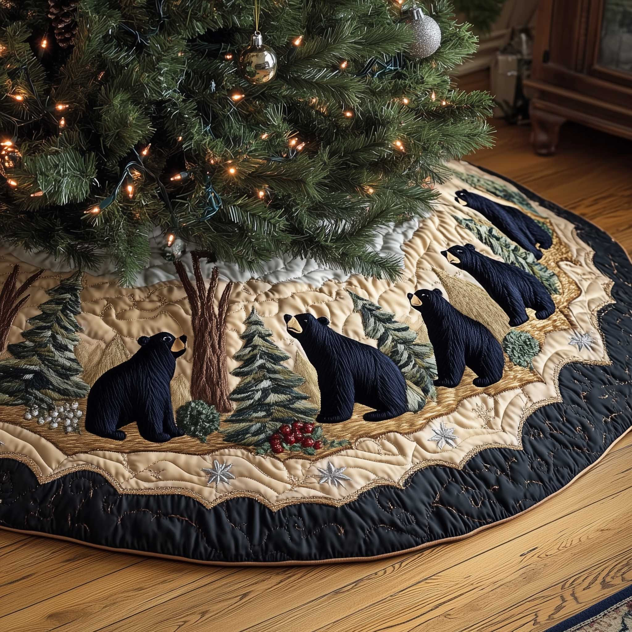 Bear Family Woodland Wanderer Quilted Tree Skirt Home Decor Best Christmas Gifts