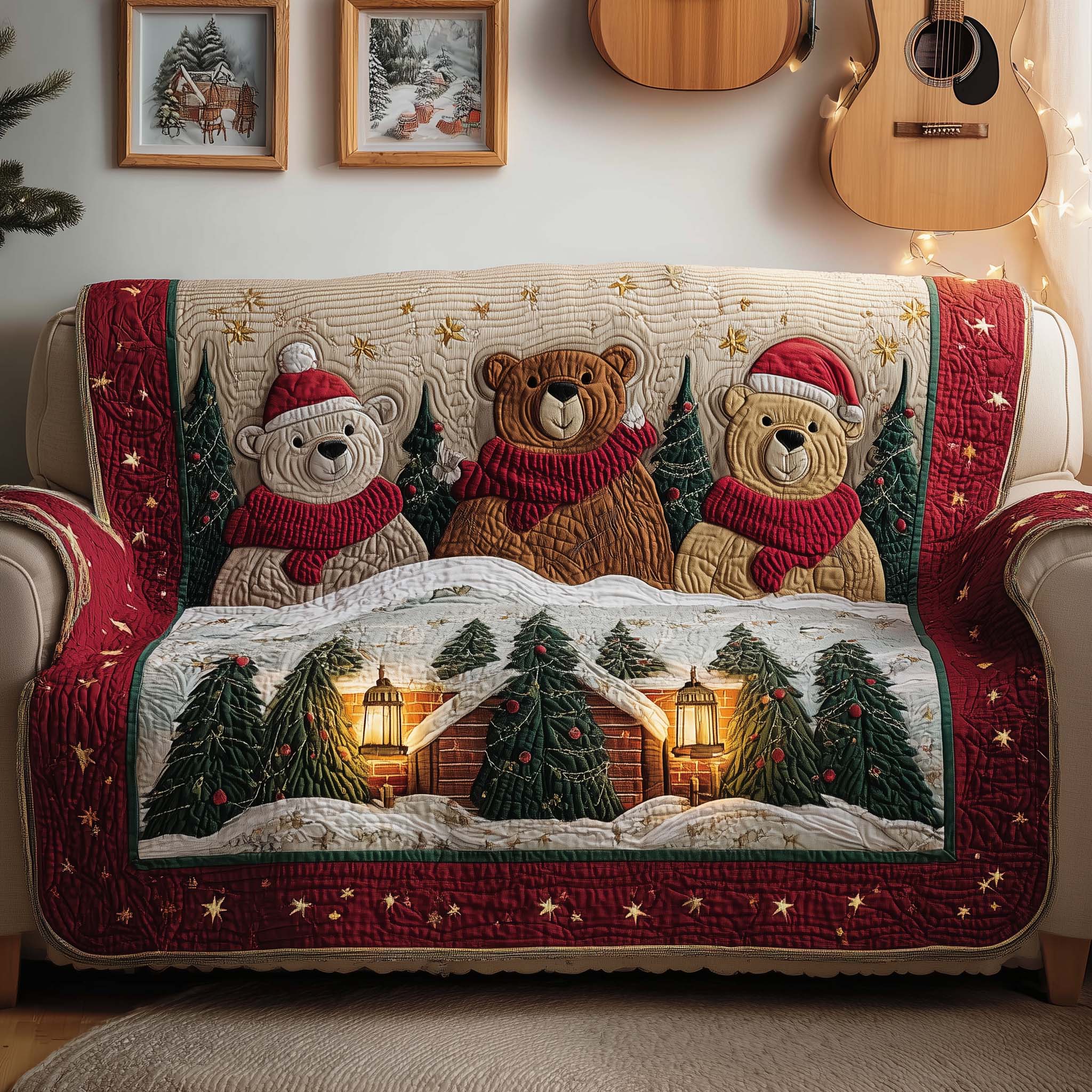 Bear Forest Quilted Sofa Cover Grizzly Bear and Pine Tree Motif Bear Gifts For Christmas