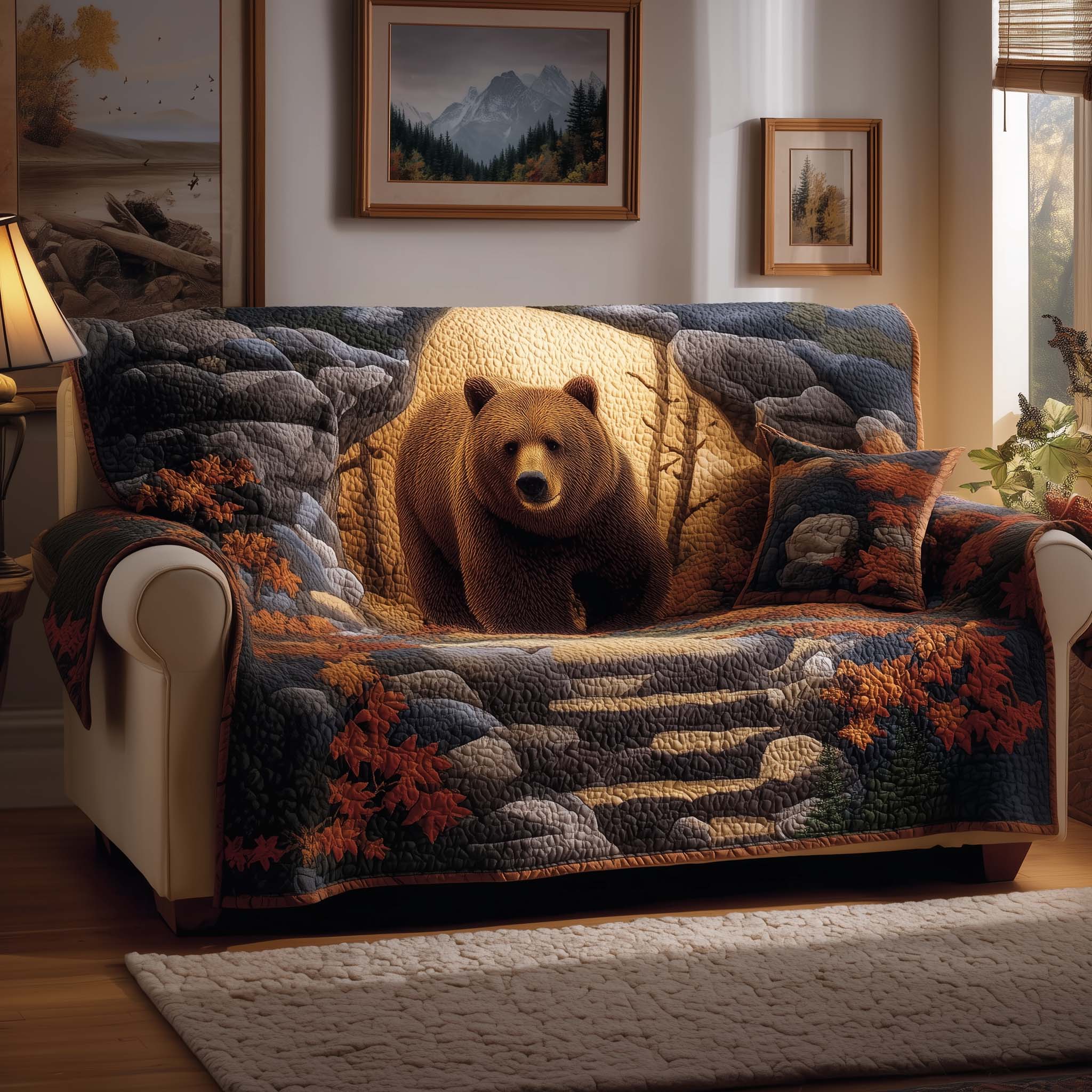 Bear Forest Quilted Sofa Cover Natural Forest Wildlife Durable Fabric Bear Gifts For Dad