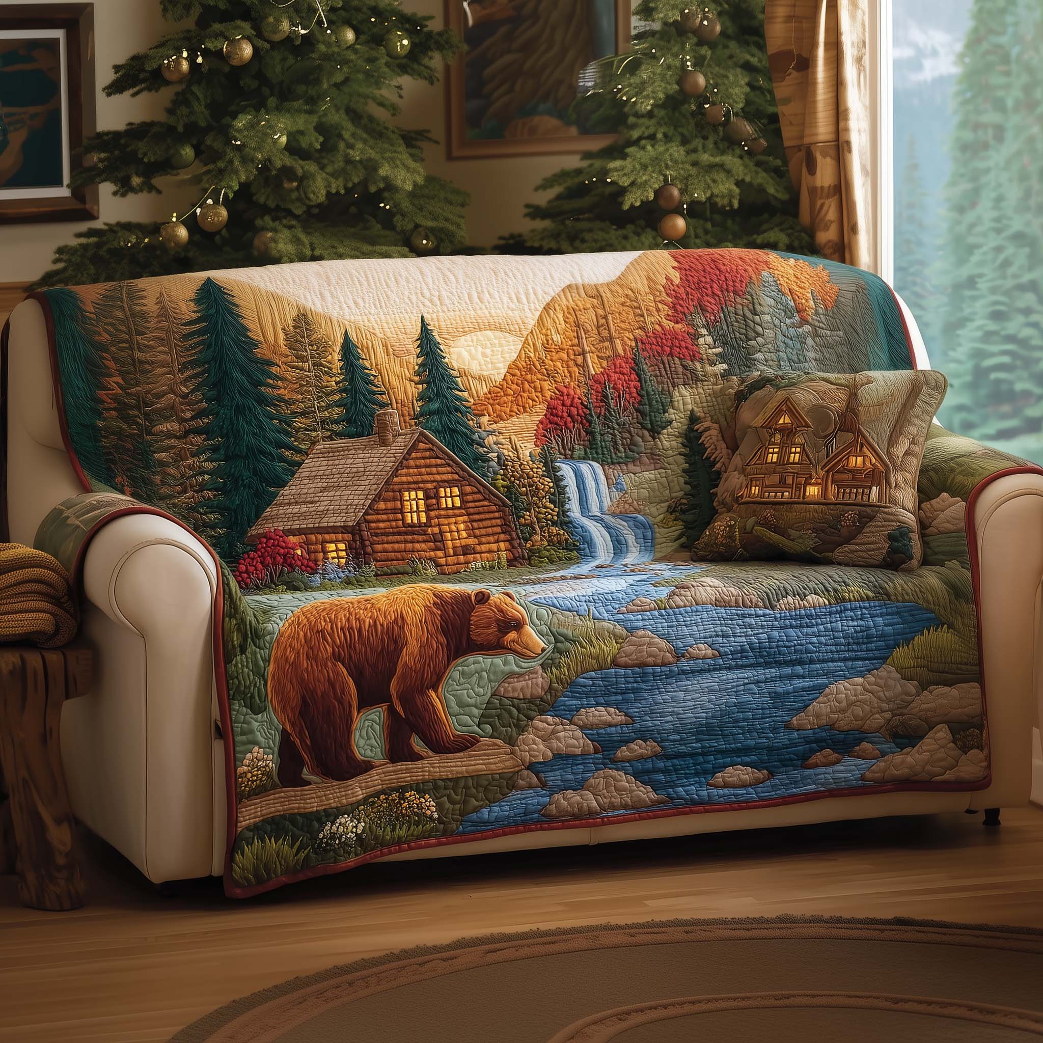 Bear Forest Quilted Sofa Cover Rustic Woodland Wildlife Pattern Bear Gifts For Dad