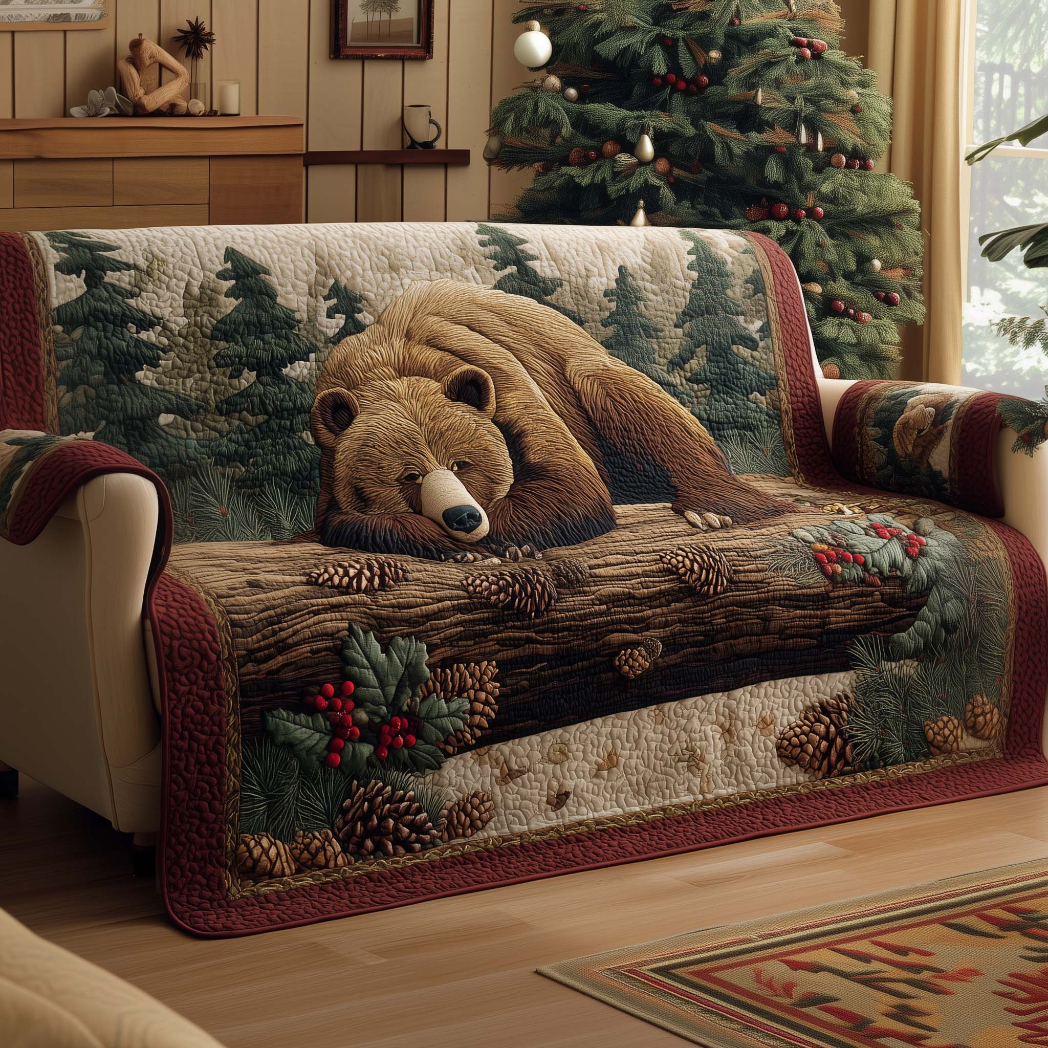 Bear Forest Quilted Sofa Cover Wildlife Forest Scene Protector Bear Gifts For Dad