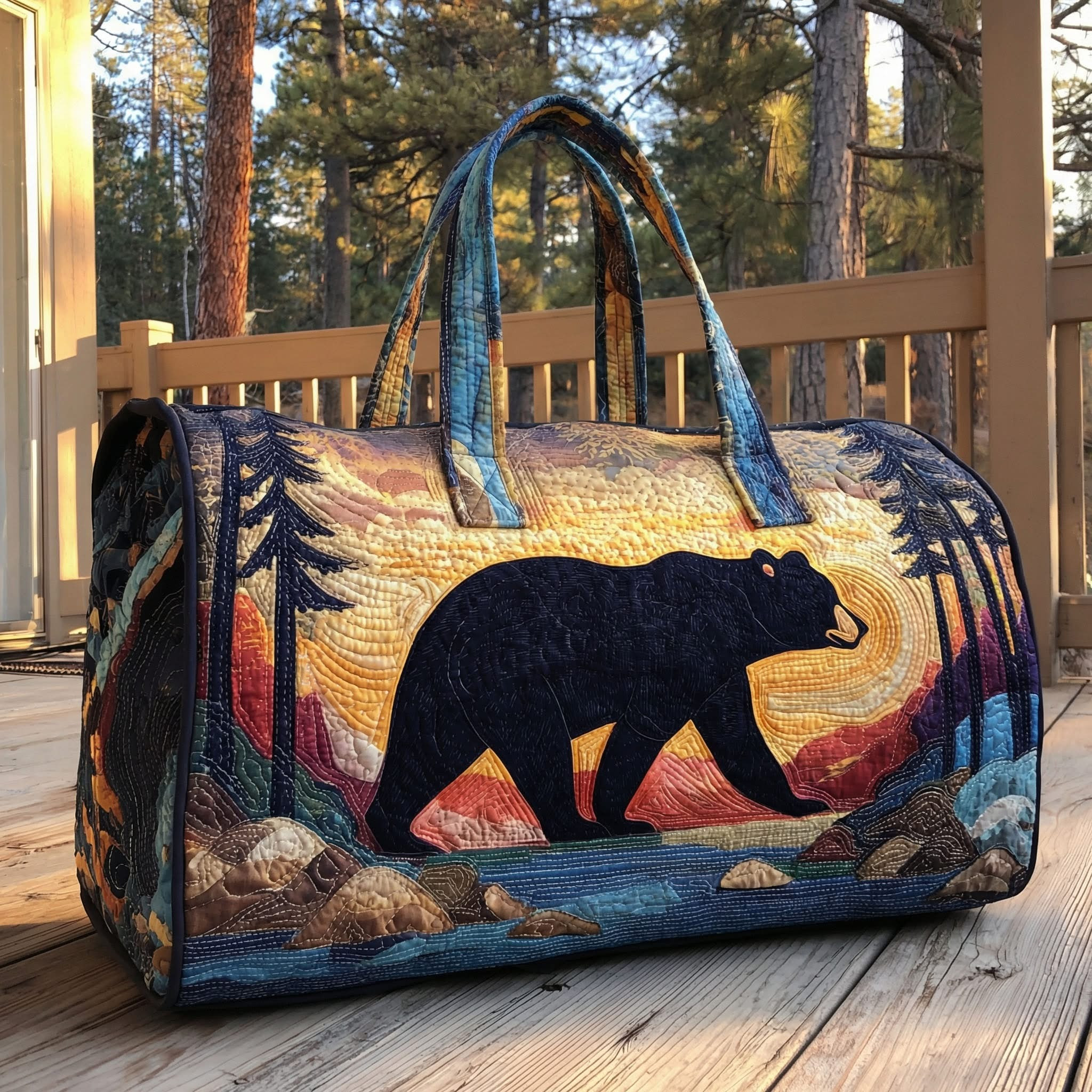 Bear Forest Sunset Quilted Duffle Bag Wildlife Travel Bag Best Gift For Bear Lovers