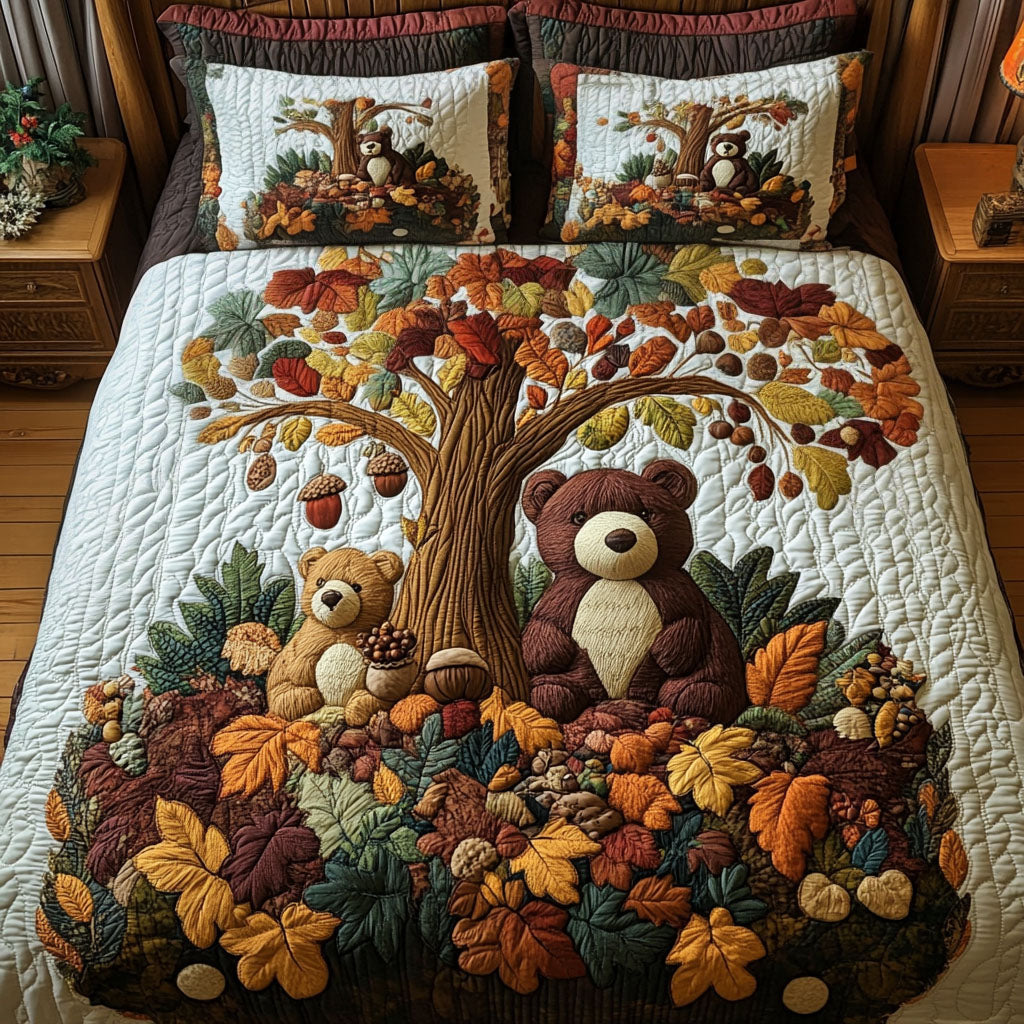 Bear in Autumn Woods Quilted Bedding Set Bedspread Set Cute Bear Themed Gifts