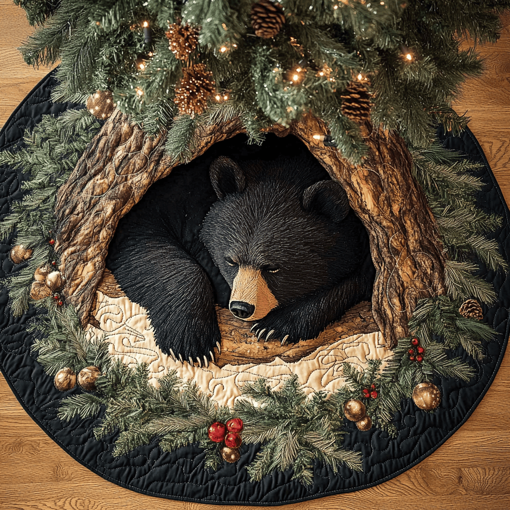 Bear Journey Christmas Quilted Tree Skirt Animal Design Xmas Decor Bear Lover Christmas Gifts