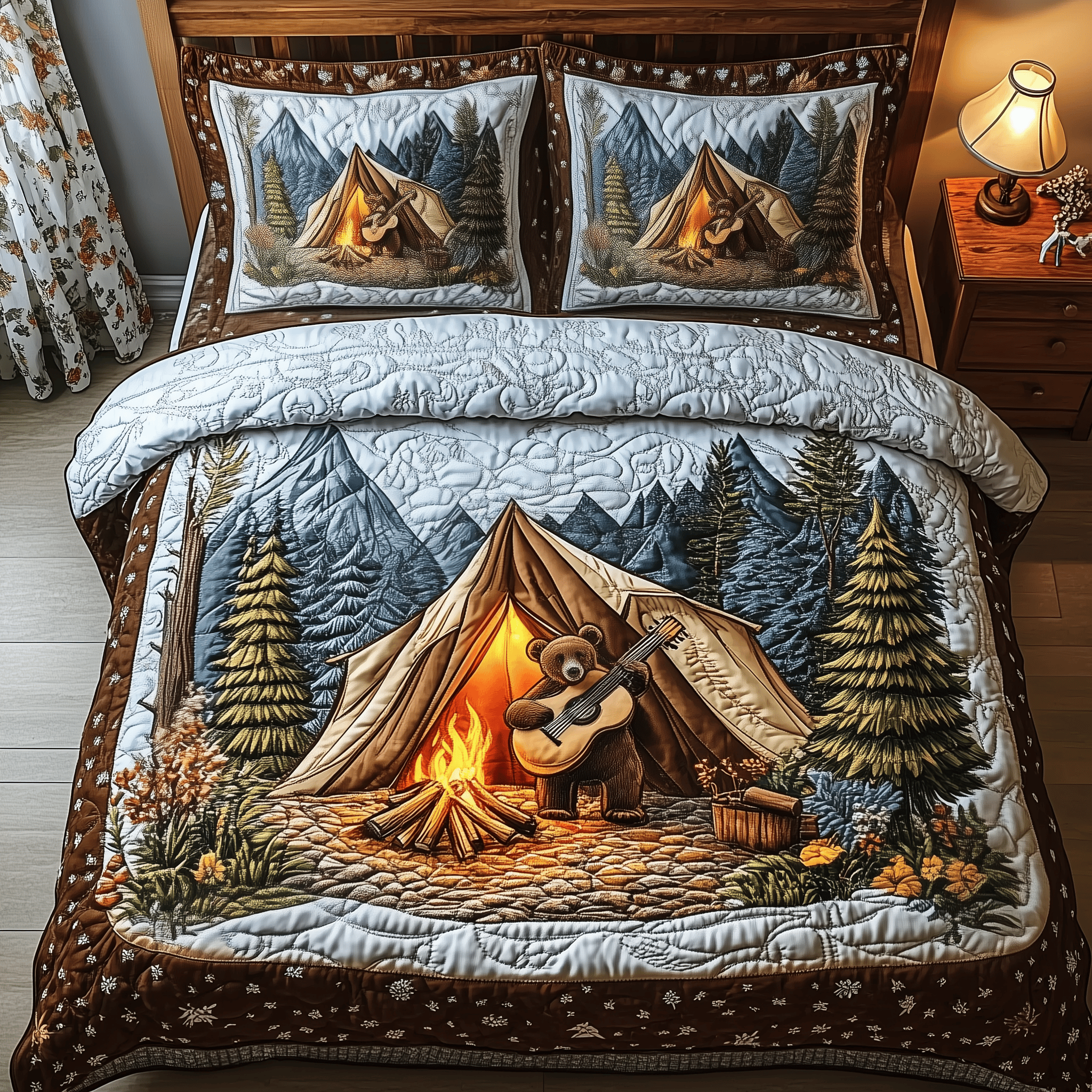 Bear Loves Camping Quilted Bedding Set Holiday Xmas Bedding Set Unique Christmas Gifts For Parents