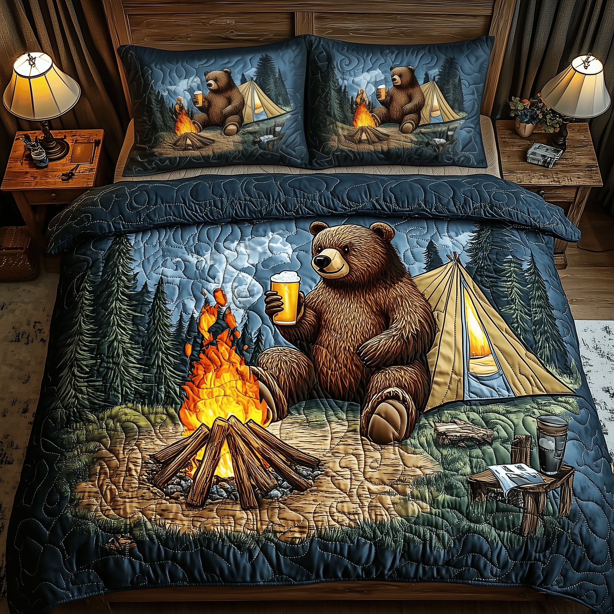 Bear Loves Camping Quilted Bedding Set Xmas Bedding Set 2024 Unique Christmas Gifts For Parents
