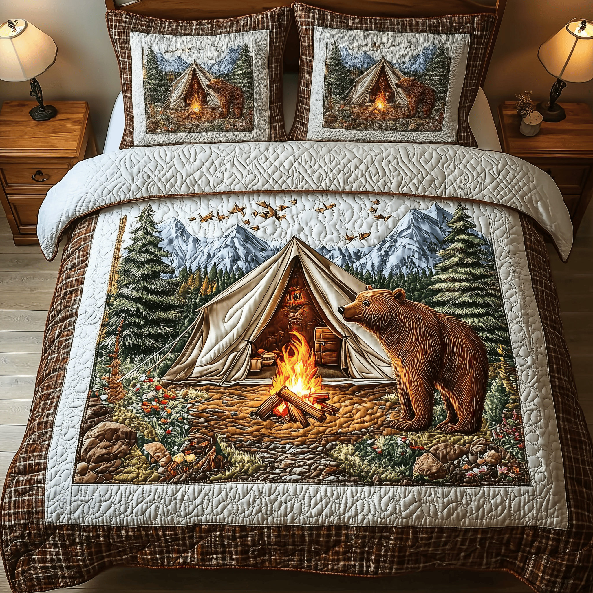 Bear Loves Camping Quilted Bedding Set Xmas Bedding Set Unique Christmas Gifts For Parents