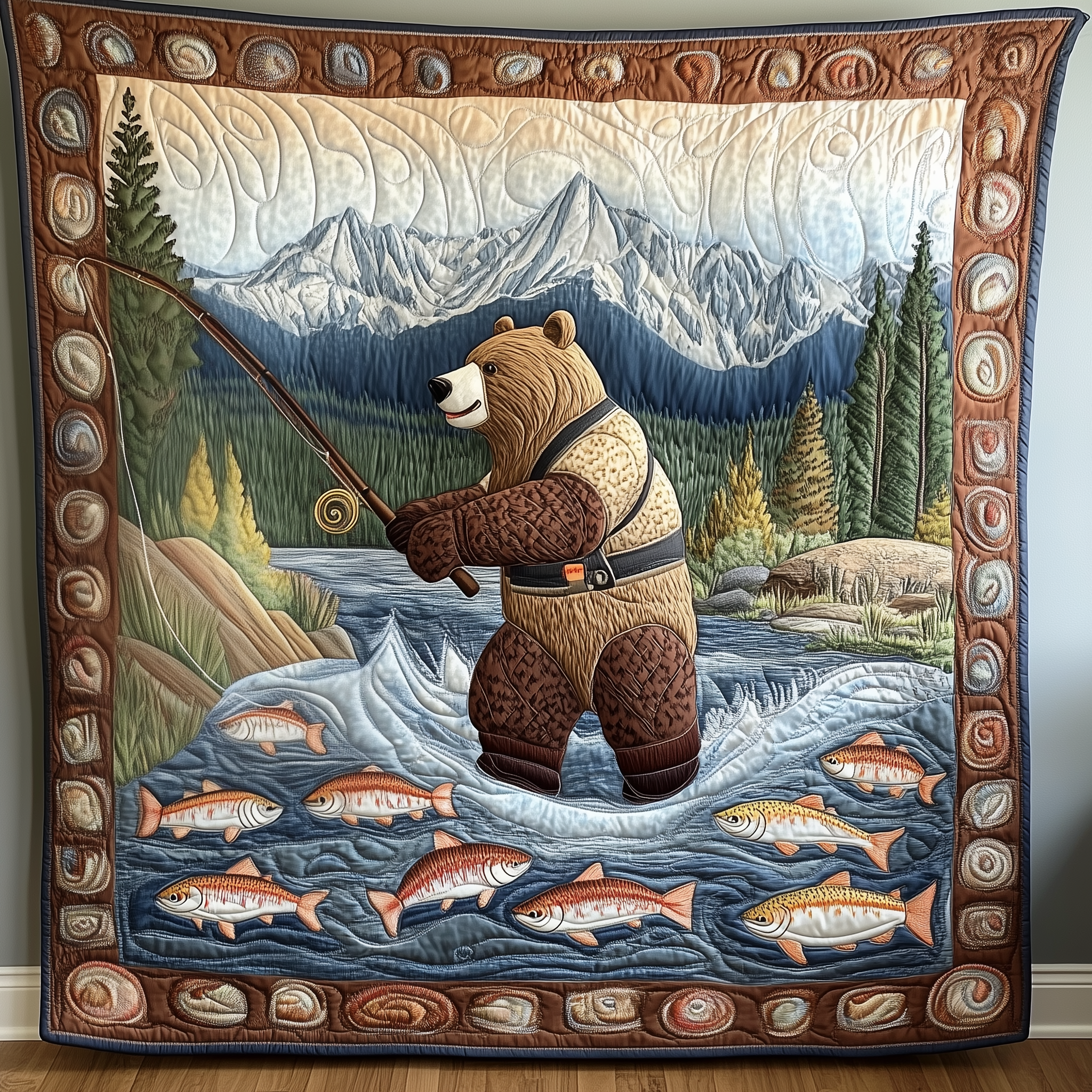 Bear Loves Fishing Outdoors Quilted Blanket Fisherman Outdoors Best Gifts For Bear Lovers Men Fisherman