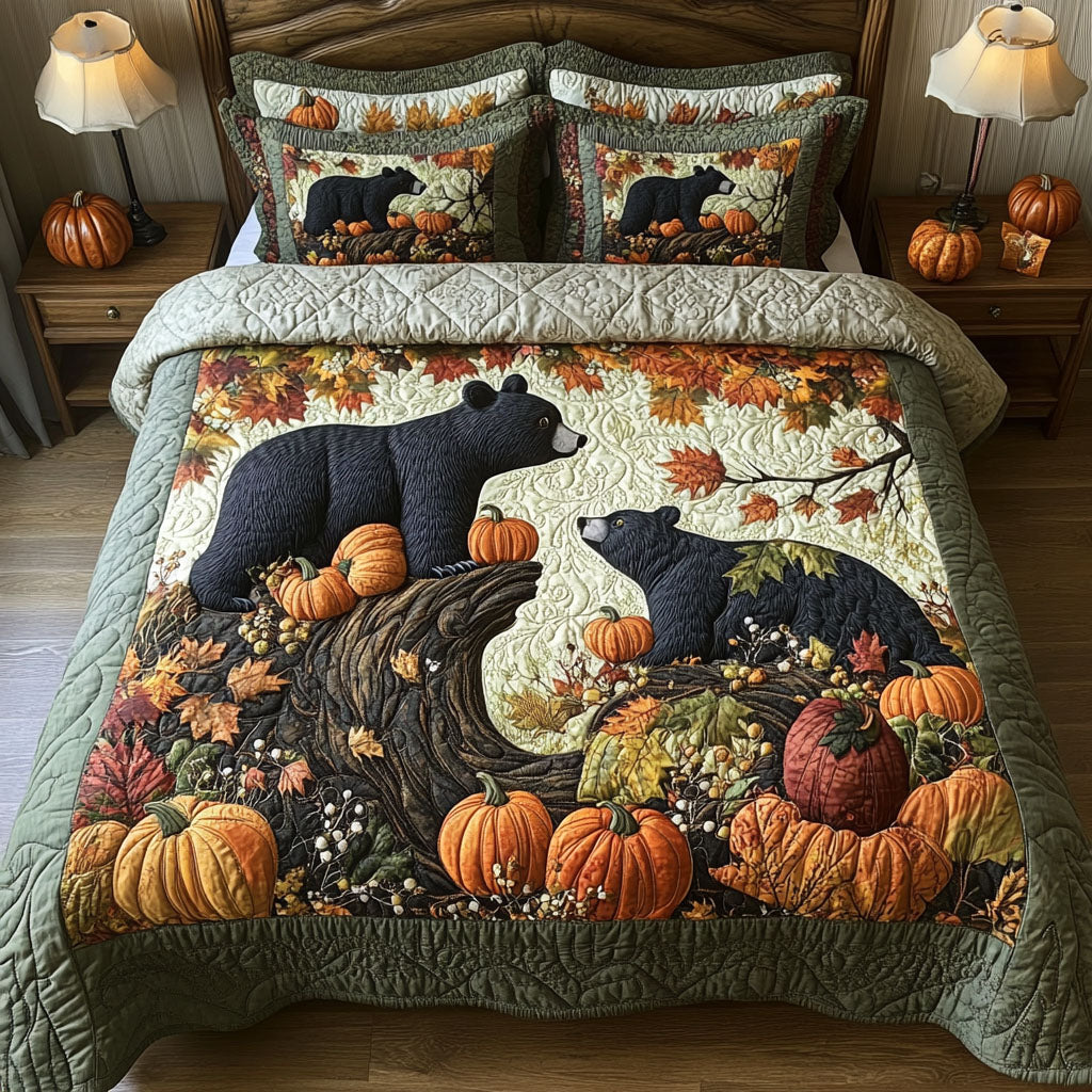 Bear on Fall Path Quilted Bedding Set Cozy Bedroom Decor Bear Gifts For Men