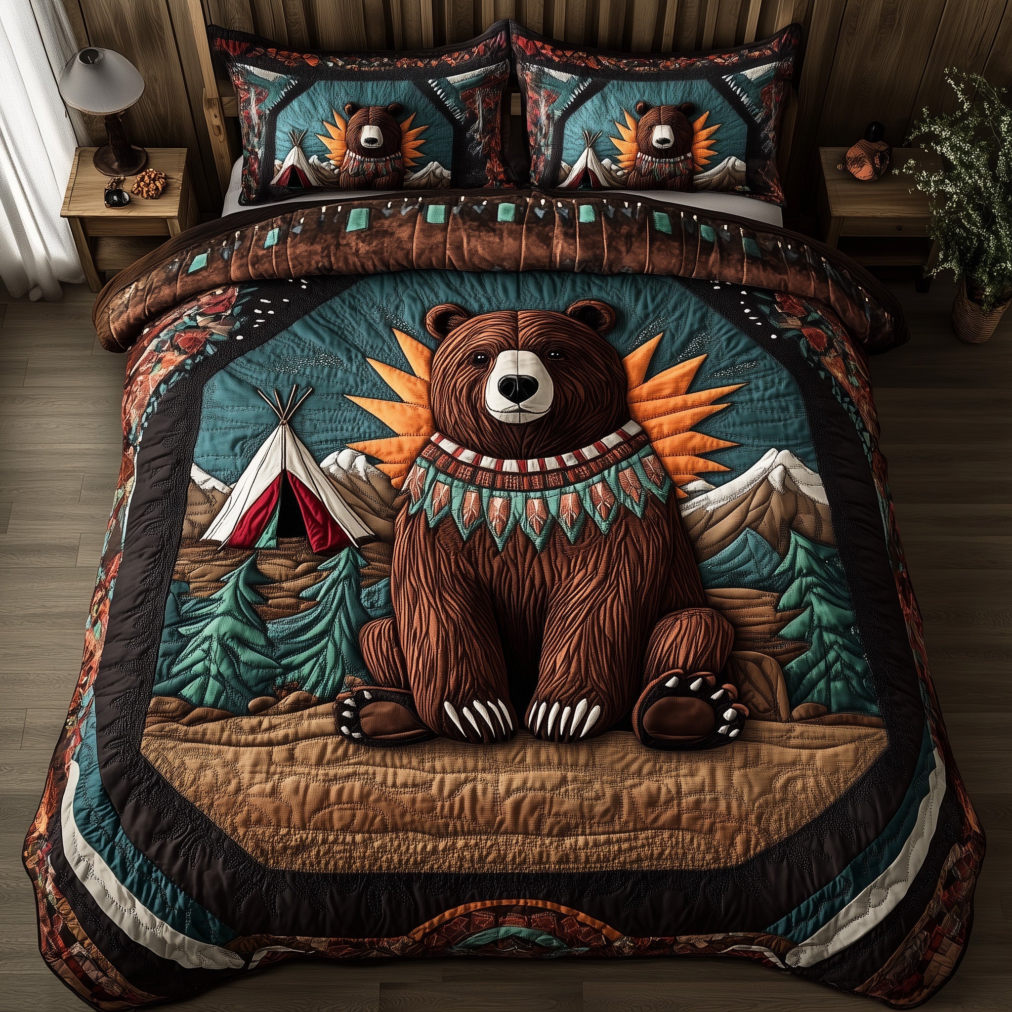 Bear Spirit Grizzly Christmas Quilted Bedding Set Duvet Cover Bedspread Native American Christmas Gift Ideas