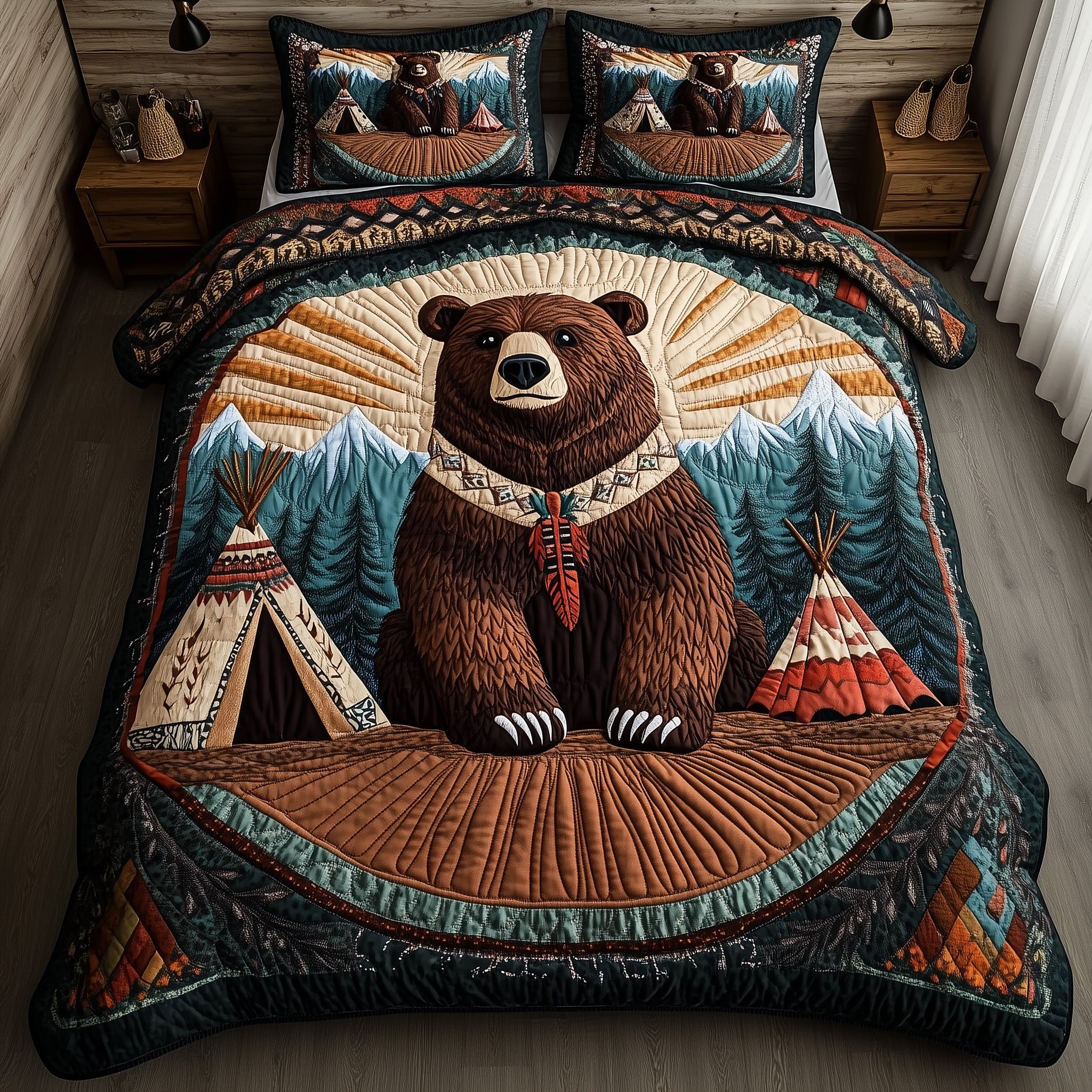 Bear Spirit Grizzly Christmas Quilted Bedding Set Duvet Cover Bedspread Native American Presents