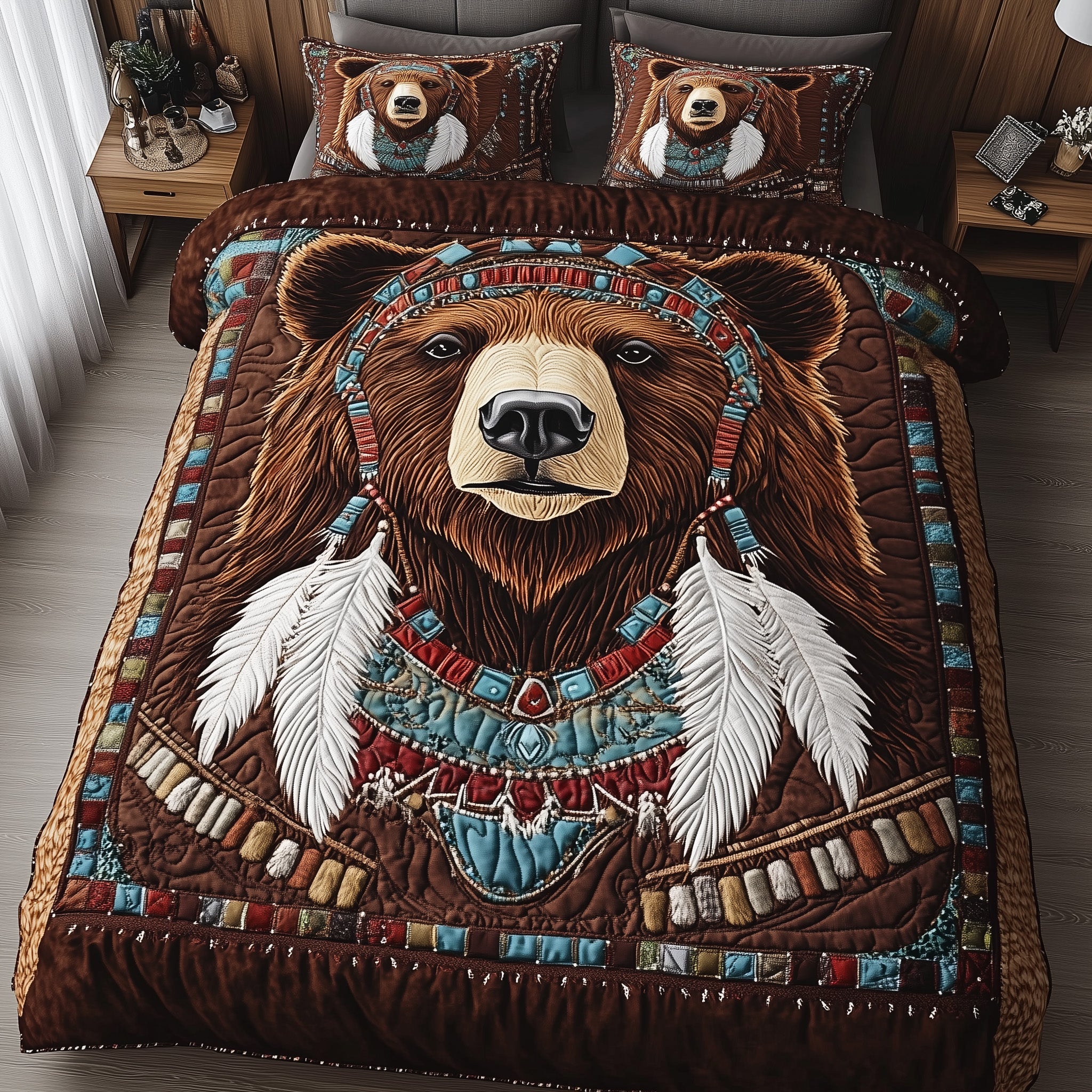 Bear Spirit Grizzly Quilted Bedding Set Duvet Cover Bedspread Native American Gift Ideas