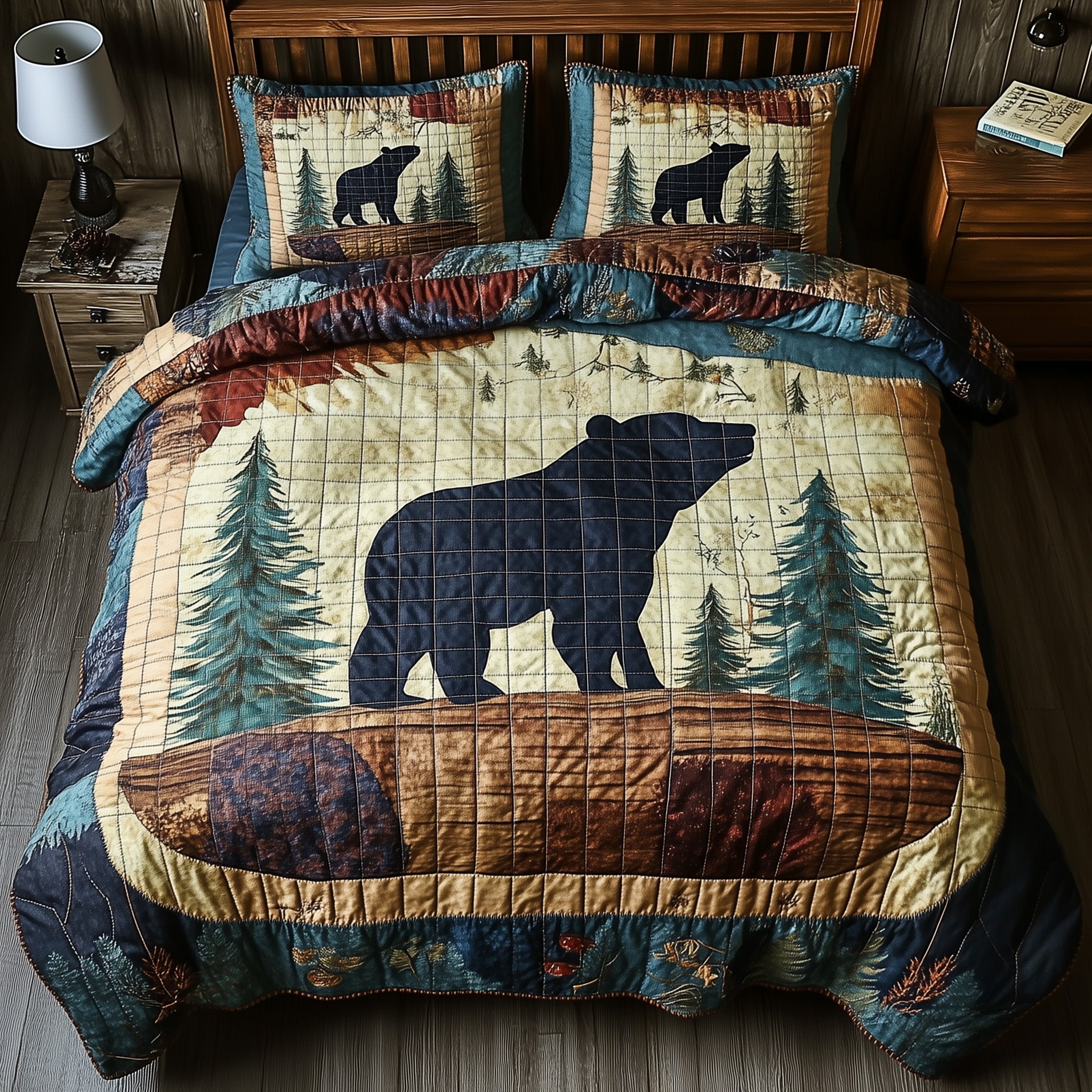 Bear Spirit Lodge Quilted Bedding Set Duvet Cover Merchandise Best Bear Gift Ideas