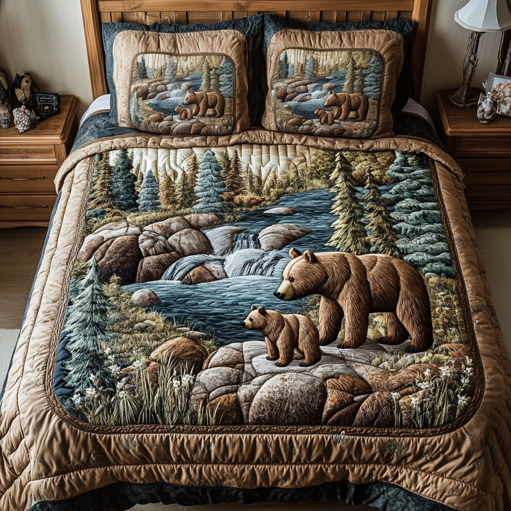 Bear Tracks Quilted Bedding Set Holiday Duvet Cover Set Gift For Wildlife Lovers