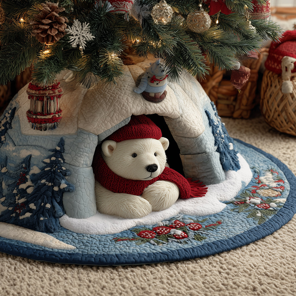Bear Under the Fir Christmas Quilted Tree Skirt Xmas Tree Decor Gifts For Bear Lovers