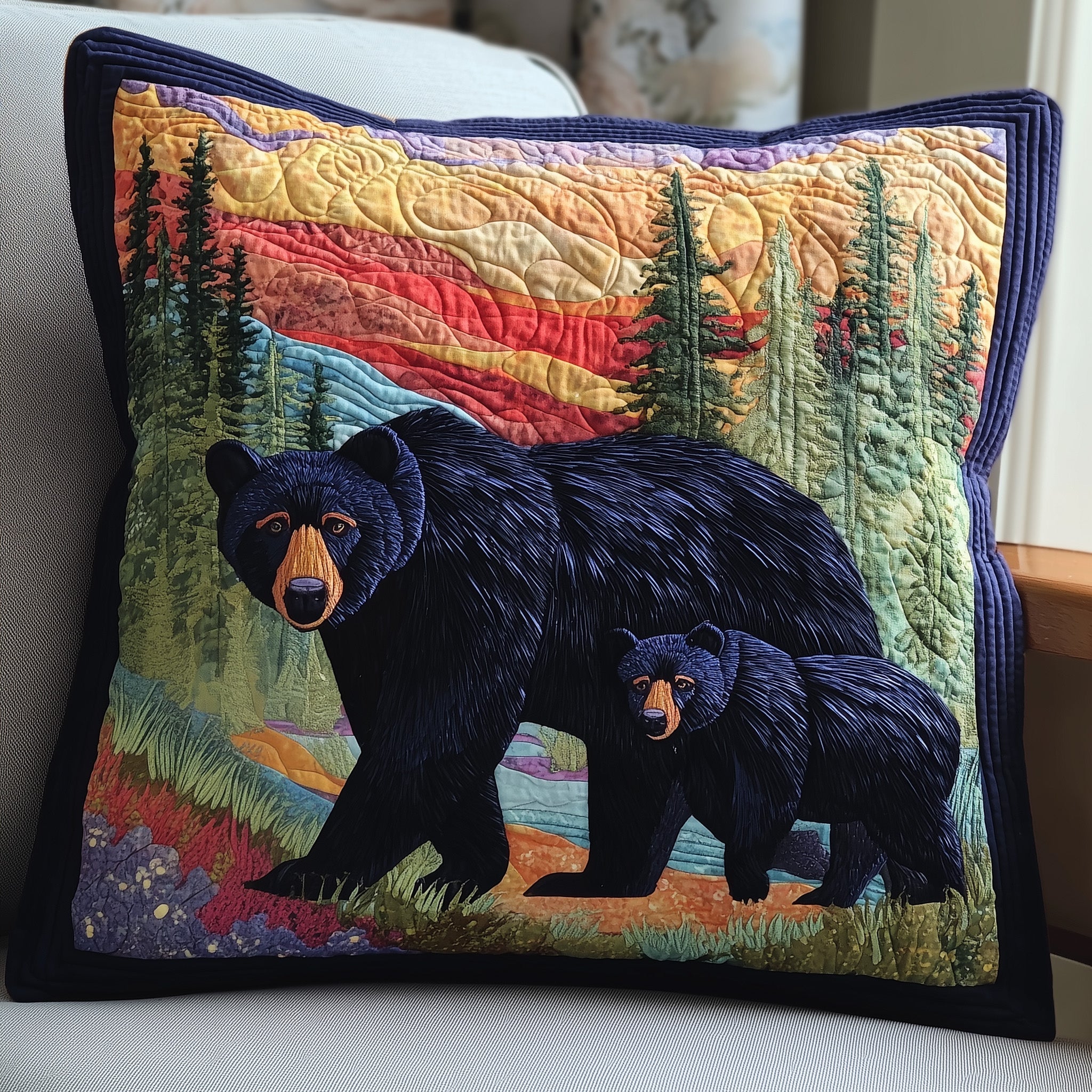 Bear Wander Quilted Pillow Case Square Pillow Cushion CoverPresents For Bear Lovers