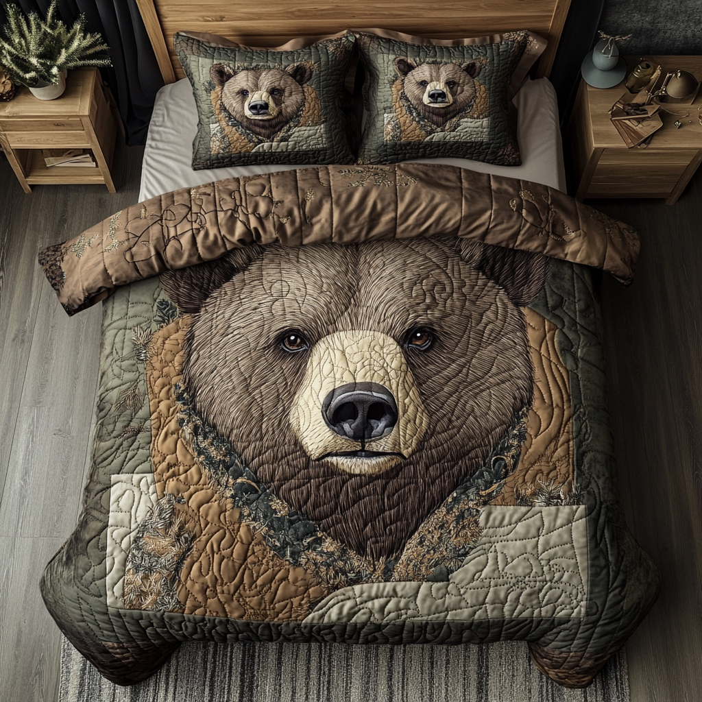 Bear Wilderness Quilted Bedding Set Cute Room Decor Presents For Wildlife Enthusiasts