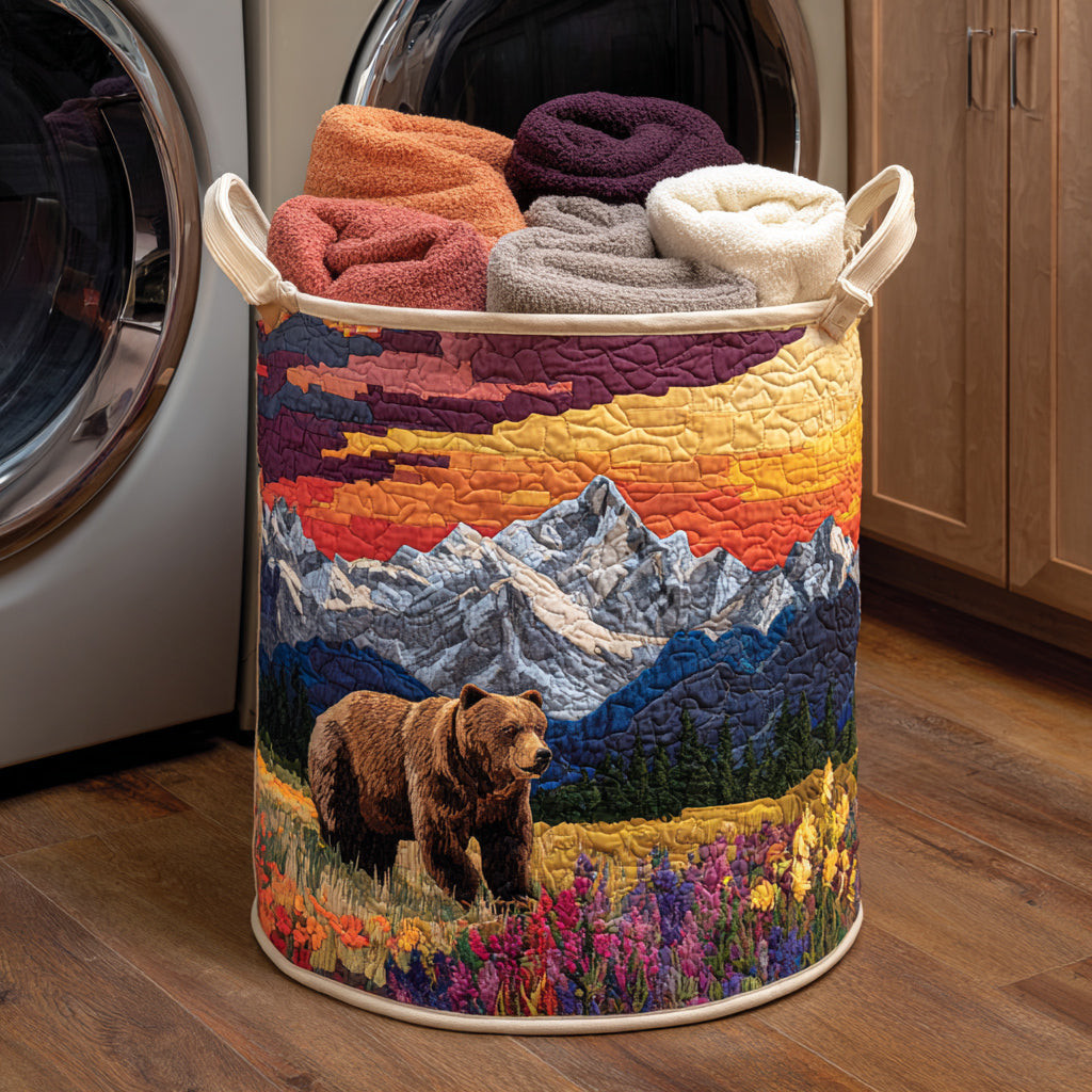 Bear Wildflower Quilted Laundry Basket Quilted Fabric Laundry Bin for Organized Living