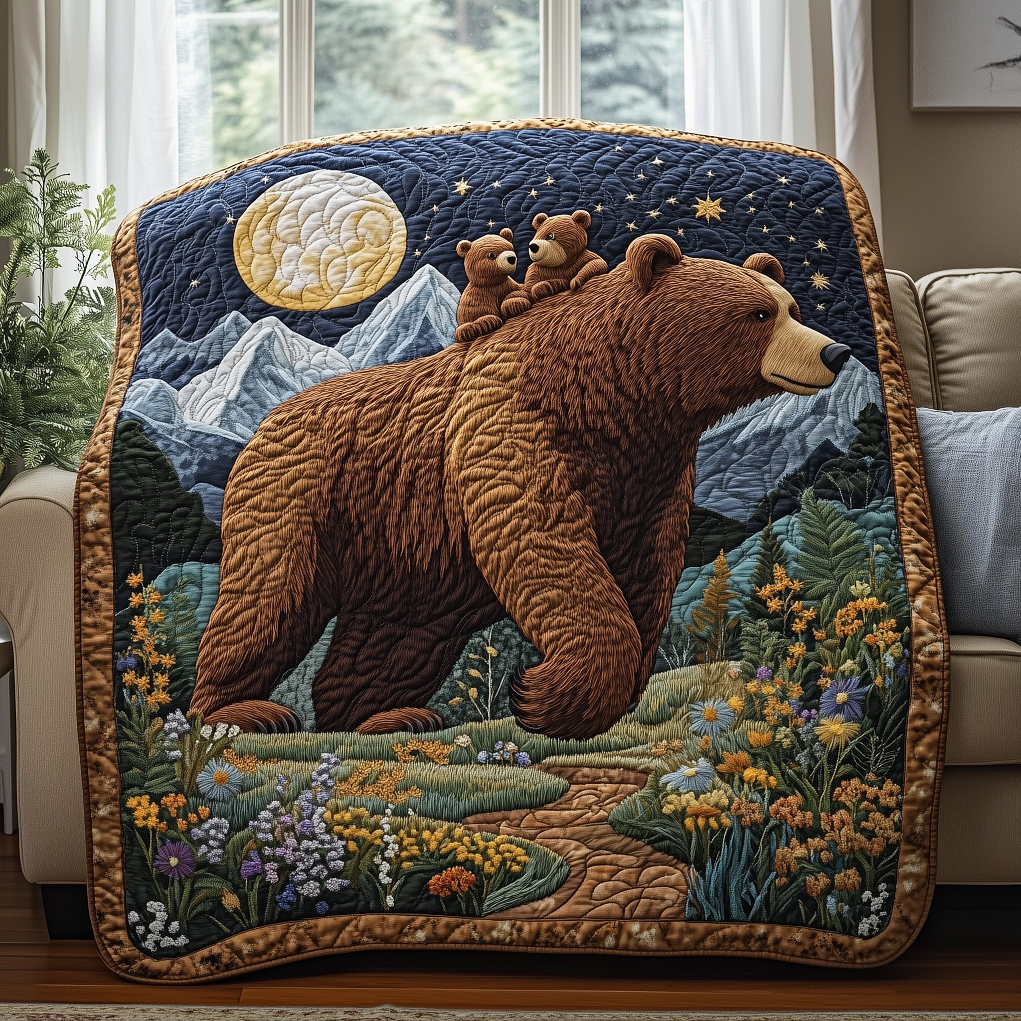 Bear Wildlife Forest Animal Nature Quilted Blanket Moon Night Best Gifts For Bear Lovers Family