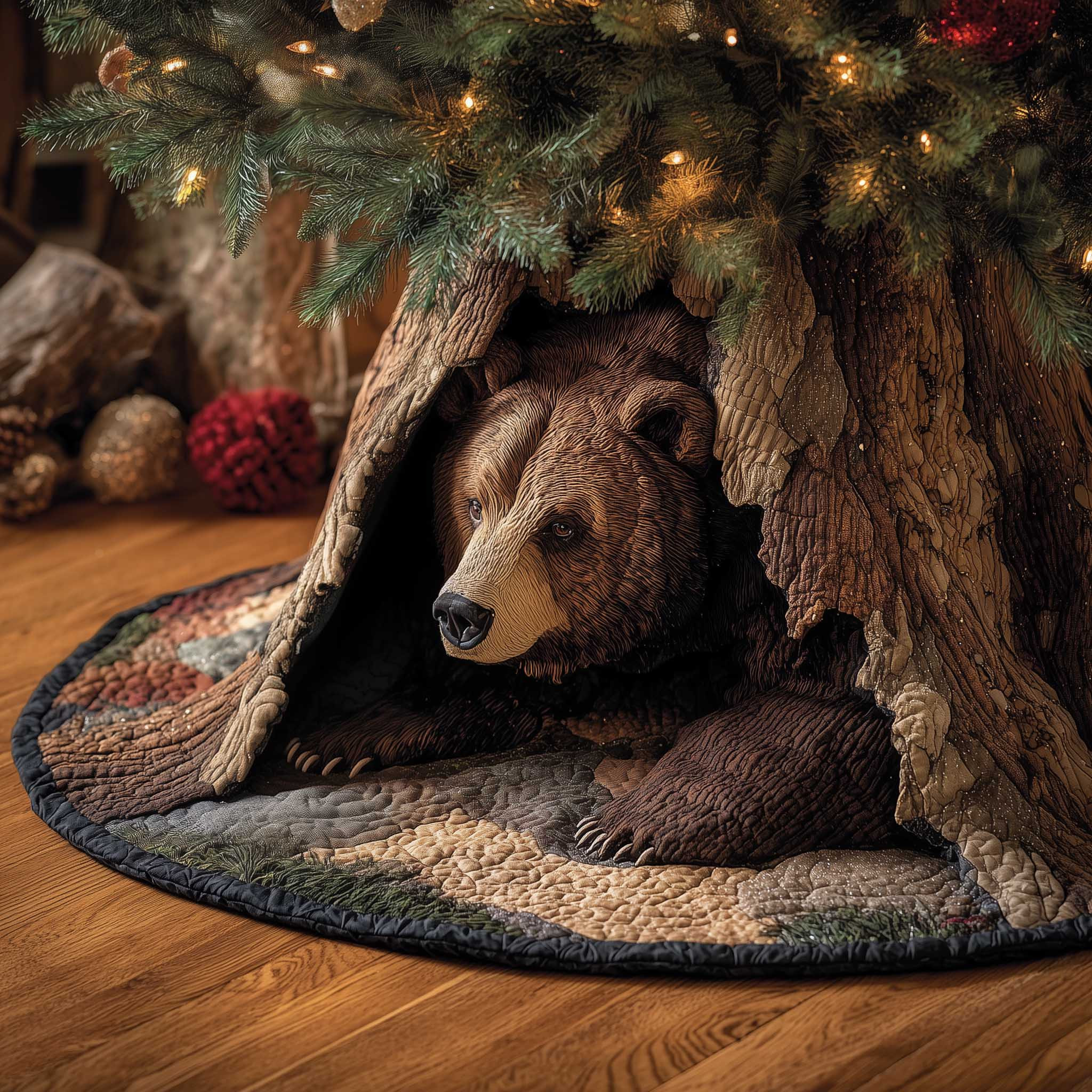 Bear Woodland Wanderer Quilted Tree Skirt Indoor Christmas Decorations Xmas Gifts For Bear Lover