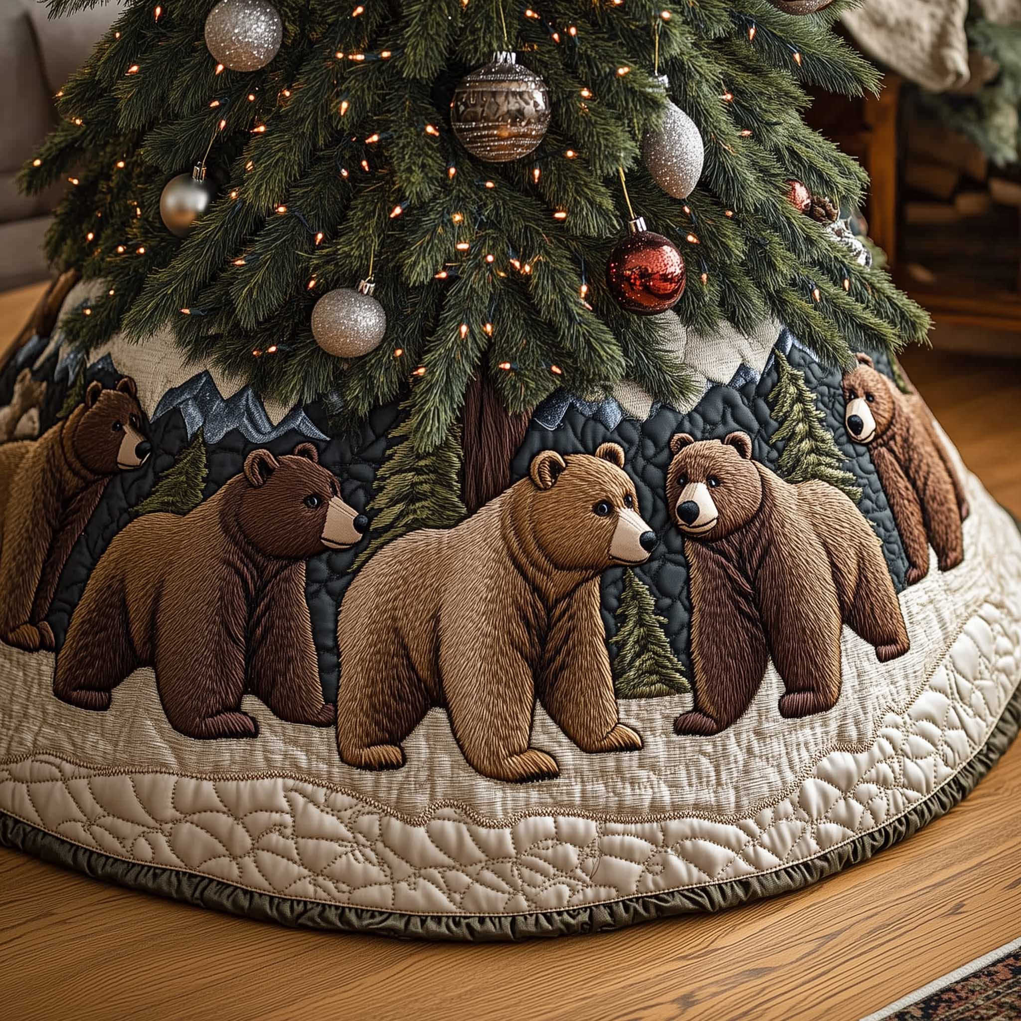 Bears Woodland Wanderer Quilted Tree Skirt Animal Themed Indoor Christmas Decorations
