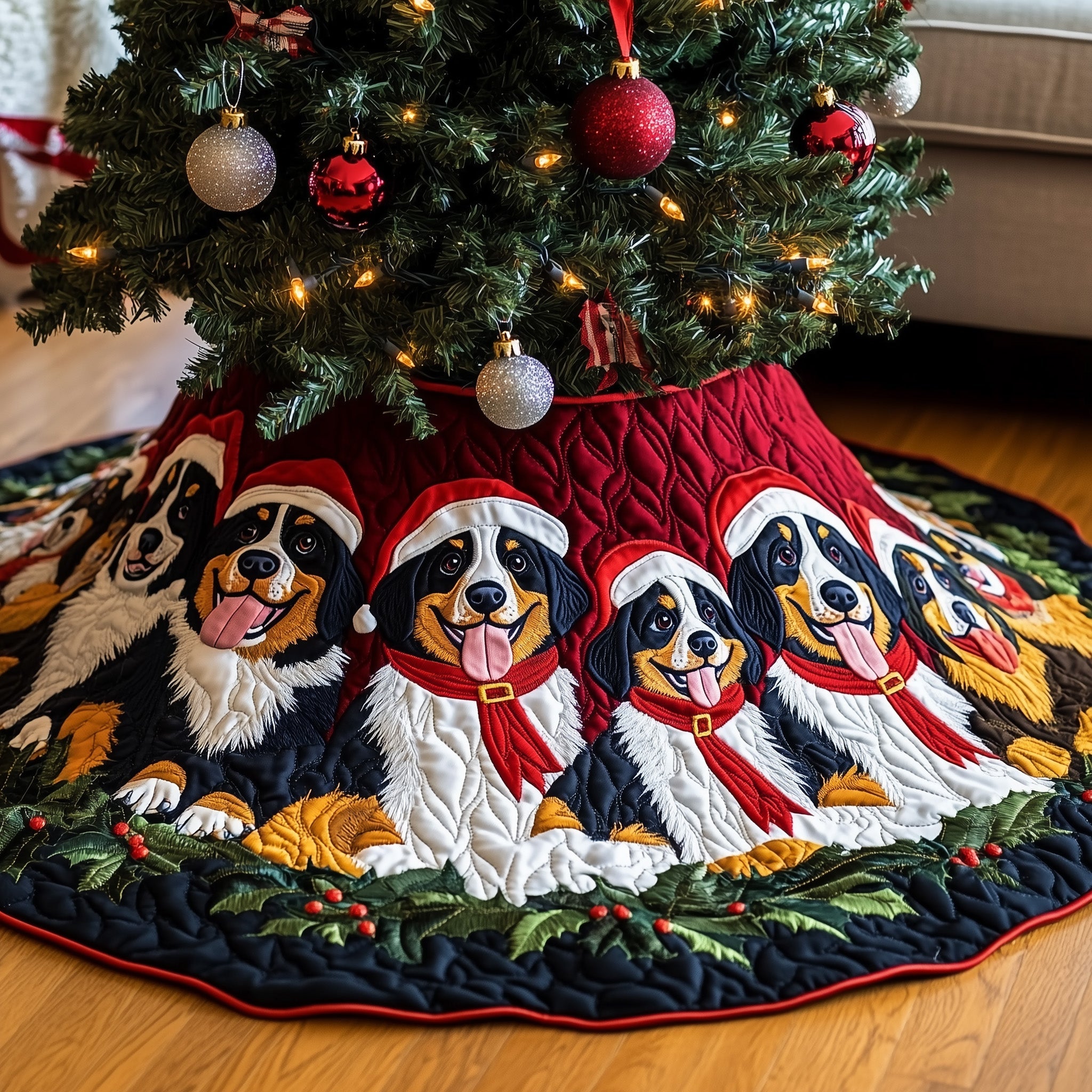 Beautiful Basset Hound Tree Skirt Quilted Dog Pattern Holiday Decor Gift for Families