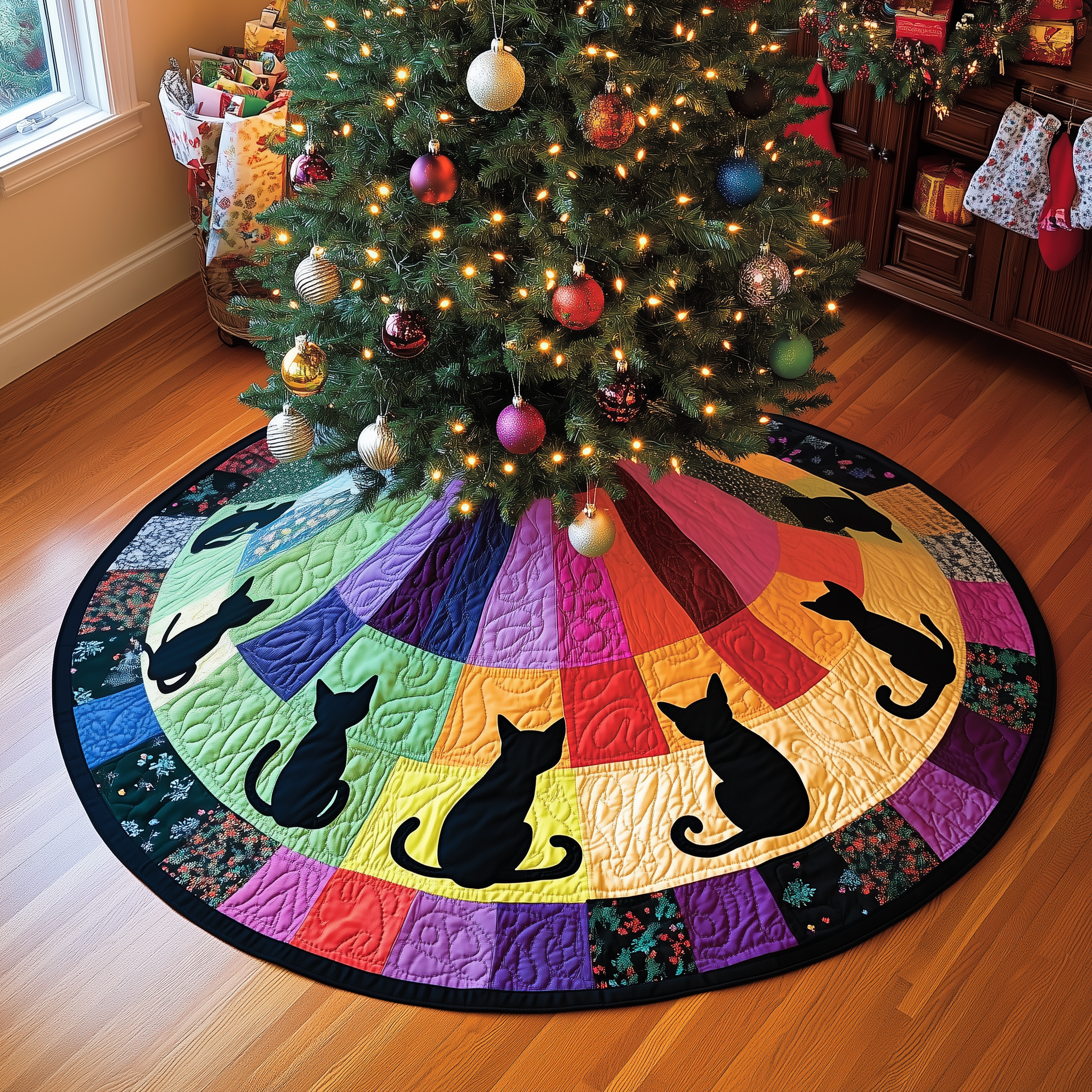 Beautiful Black Cat Christmas Tree Bottom Cover Quilted Holiday Kitty Design Gift for Pet Families