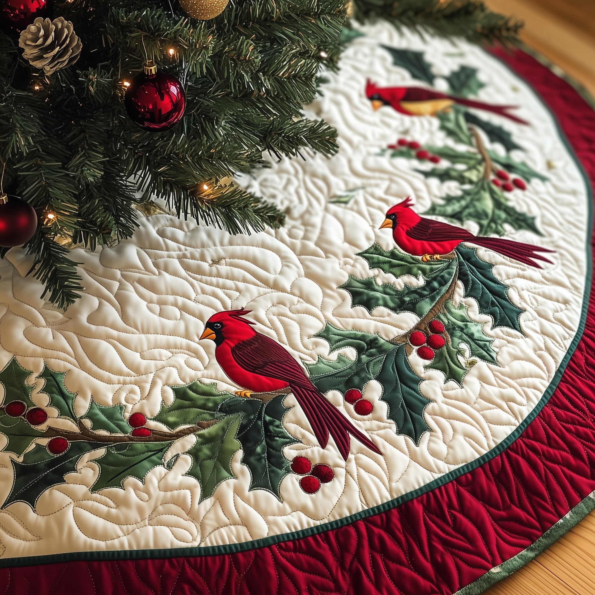 Beautiful Cardinal Christmas Tree Bottom Cover Quilted Red Bird Design Holiday Decoration Gift