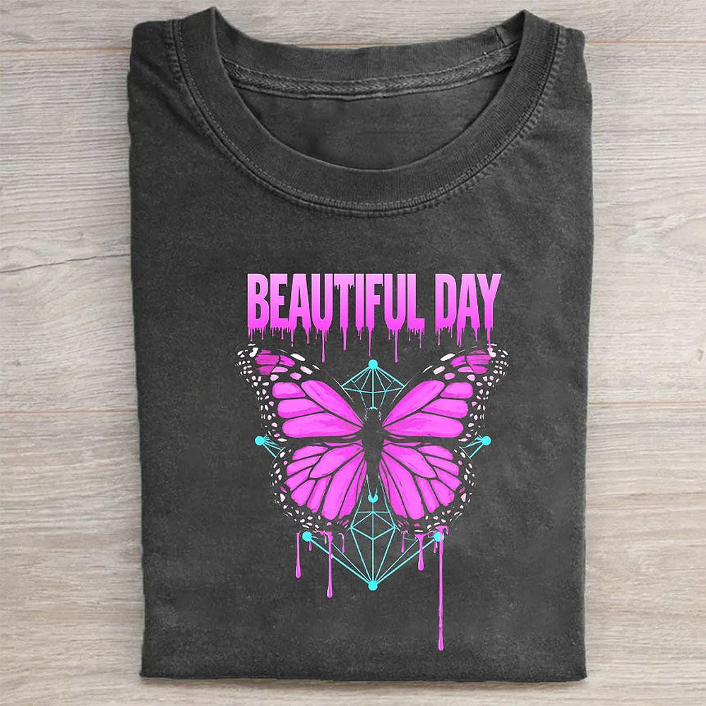 Beautiful Day Graphic T-Shirt With Purple Butterfly Design Inspirational Tee For Women