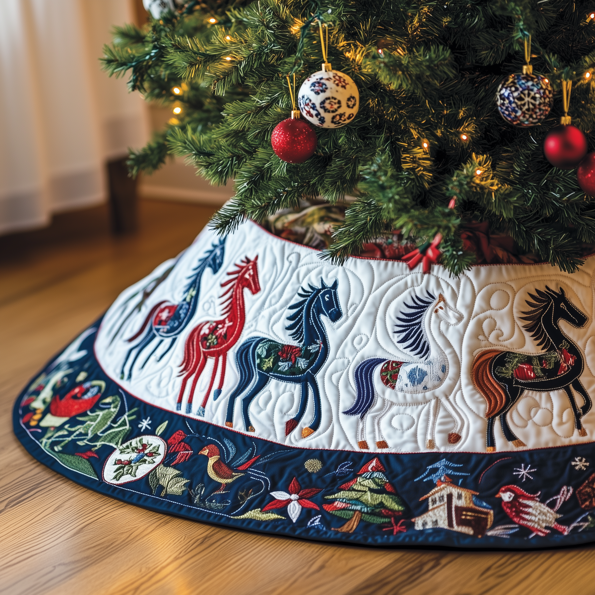 Beautiful Horse Christmas Tree Skirt Quilted Handmade Holiday Decoration Gift for Family