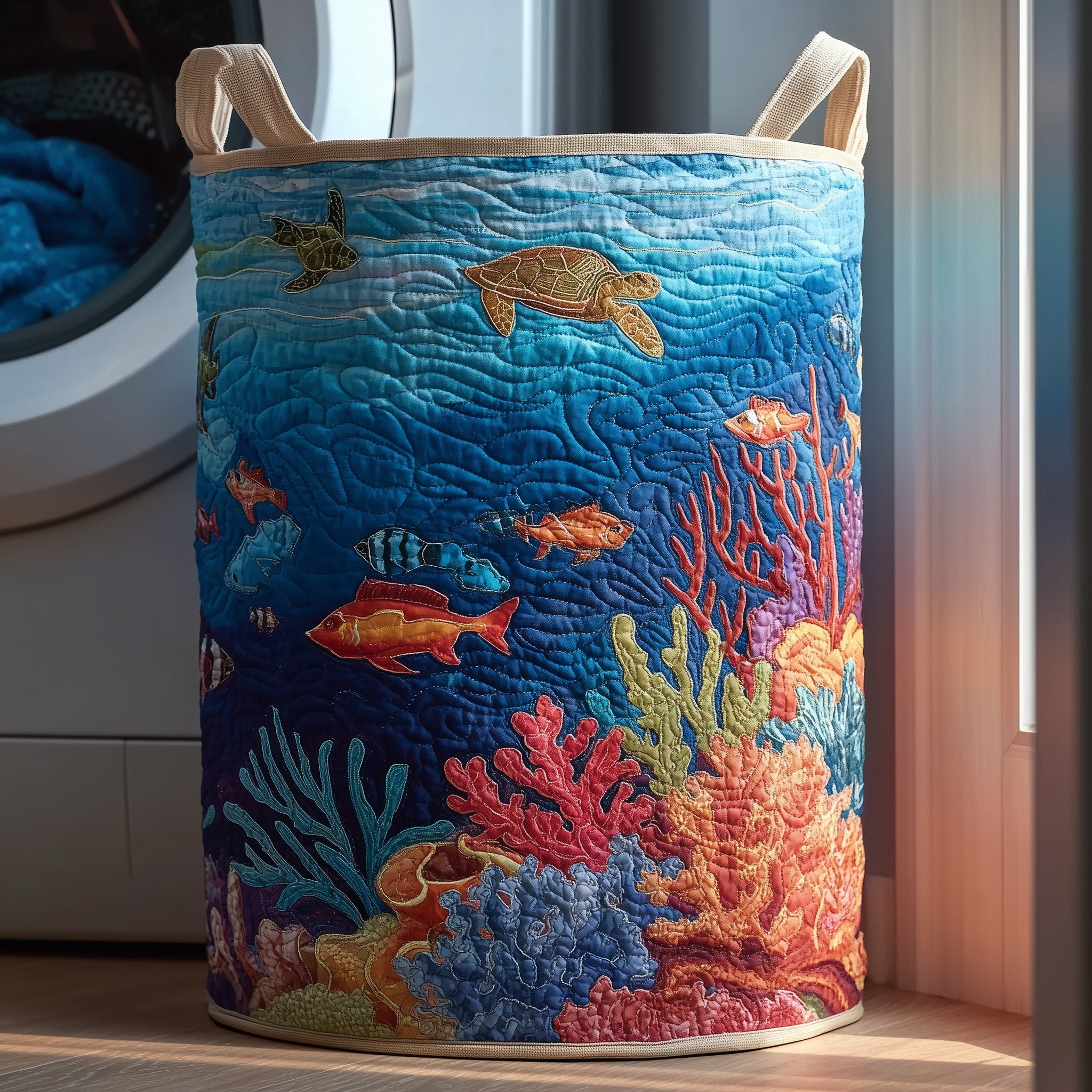 Beautiful Ocean Quilted Laundry Basket Clothes Hamper Storage Best Gifts For Sea Turtle Fans
