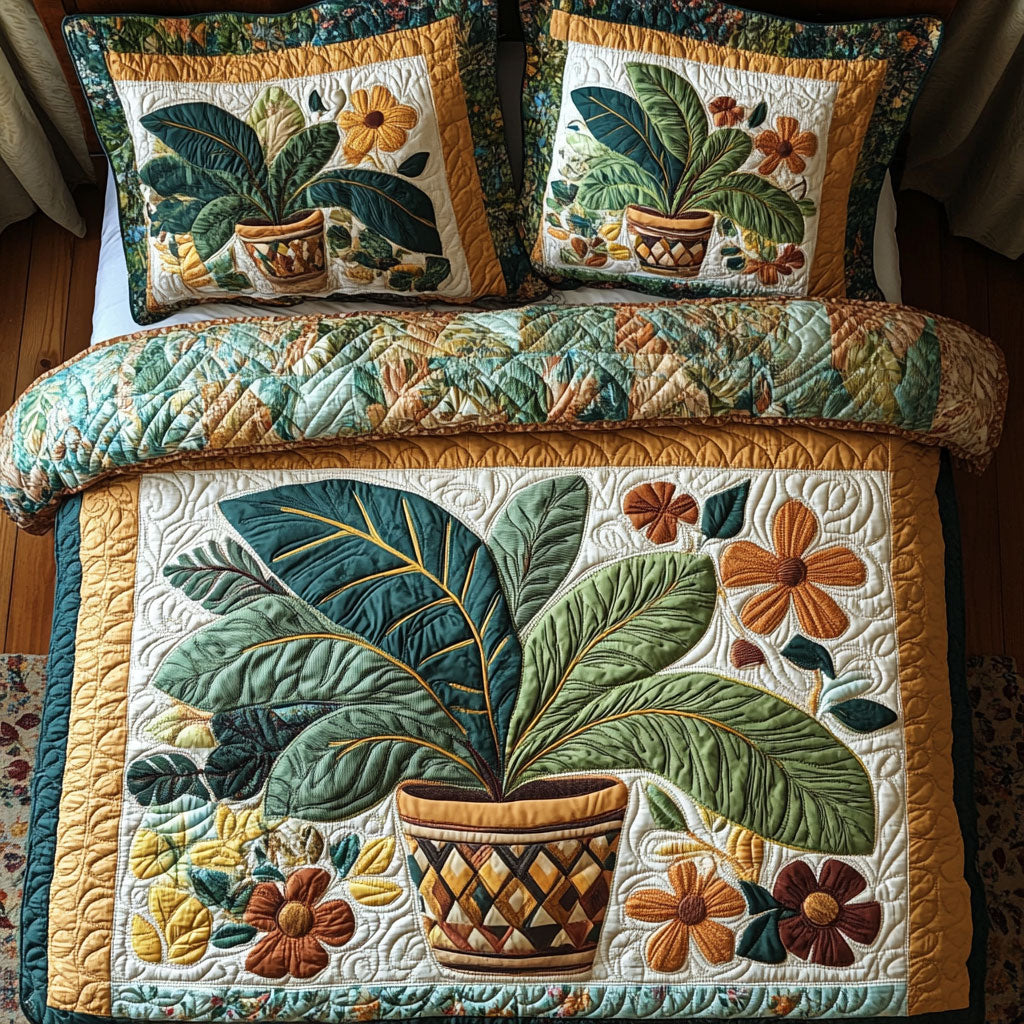 Beautiful Potted Plant Quilted Bedding Set Duvet Cover Bedspread Present Ideas For Her
