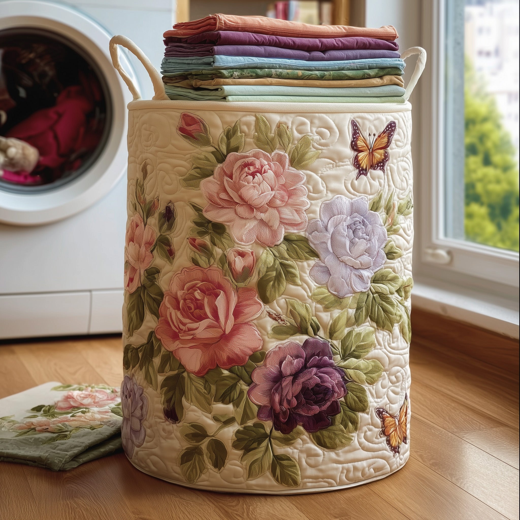 Beautiful  Rose Quilted Laundry Basket Cute Gifts For Flower Lovers