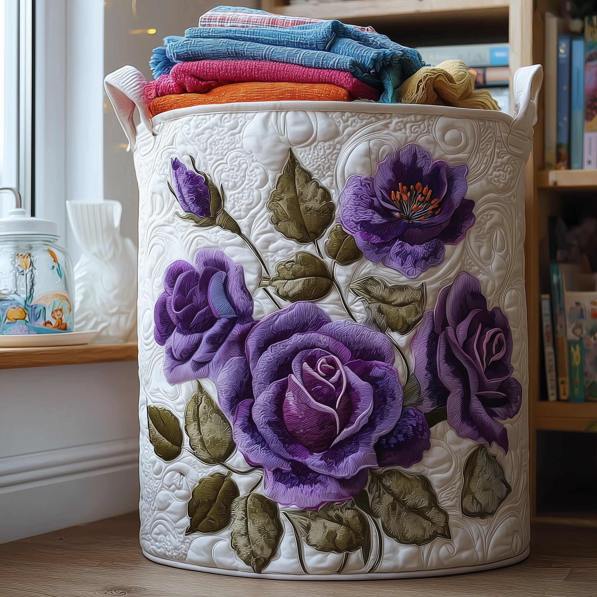 Beautiful Rose Quilted Laundry Basket Good Gifts For Purple Rose Lovers