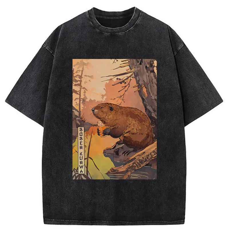 Beaver By The River Washed T-Shirt Soft Comfortable Daily T Shirt Gifts For BFF