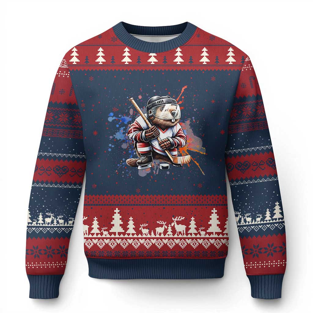 Beaver Playing Ice Hockey Ugly Christmas Sweater Winter Sports Clothing Xmas Beaver Gifts