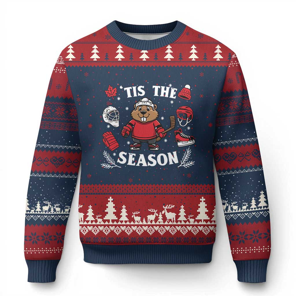 Beaver Tis The Season Ugly Christmas Sweater Best Holiday Gift For Ice Hockey Lovers