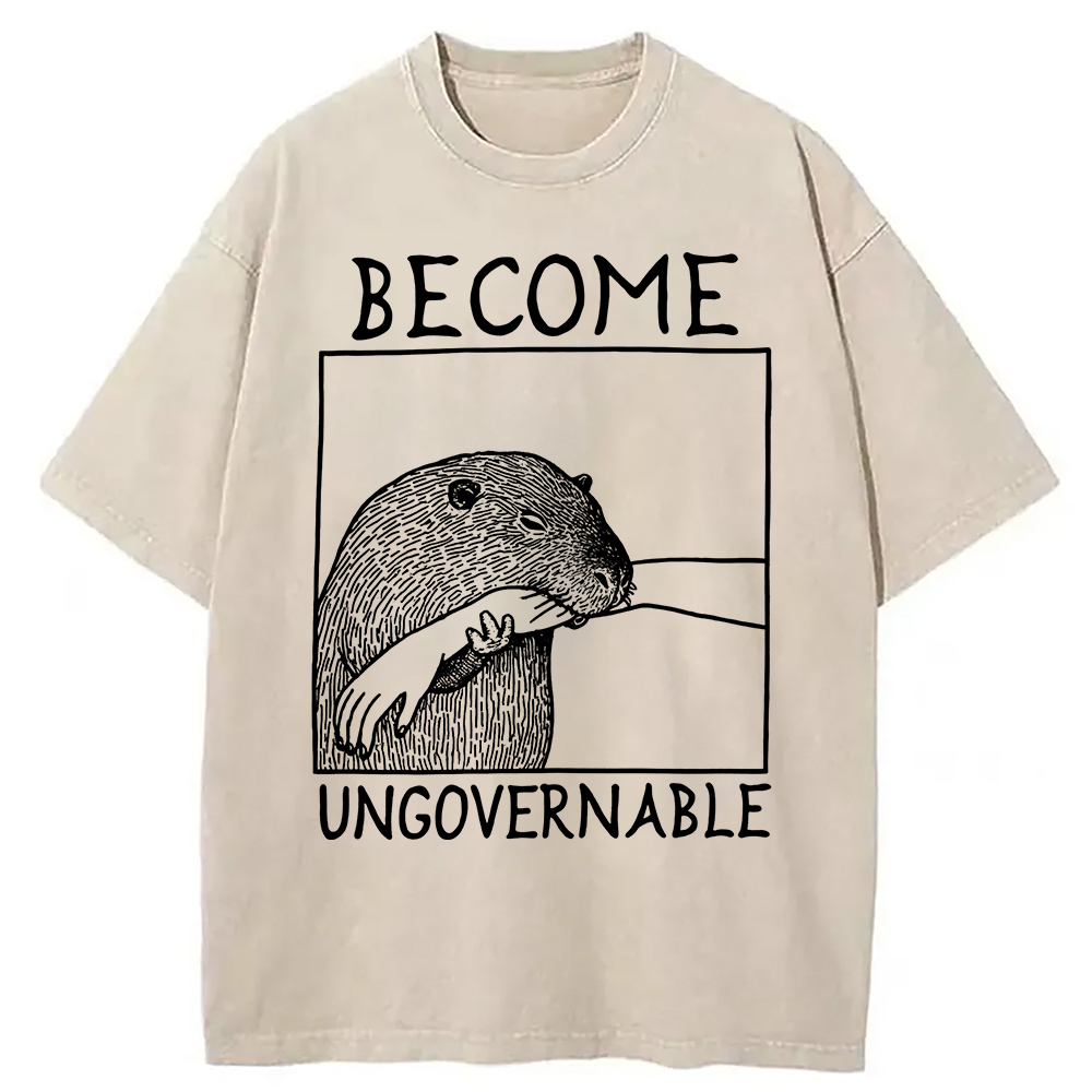 Become Ungovernable Capybara Bites People Washed T-Shirt Retro Humor Graphic Top Gifts For Best Friend