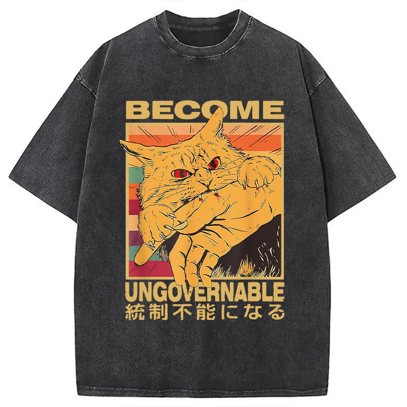 Become Ungovernable Funny Japanese Cat Bite Washed T-Shirt Funny Graphic Gift For Friends Gifts For Best Friend