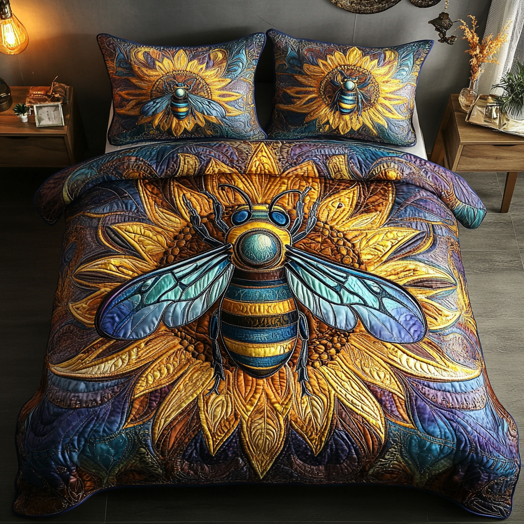 Bee Blossom Quilted Bedding Set Floral Duvet Cover Birthday Presents For Mum