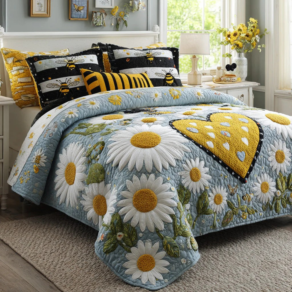Bee Daisy Garden 3-Piece Quilted Bedding Set Nature Floral Bedspread Best Gift For Bee Lovers