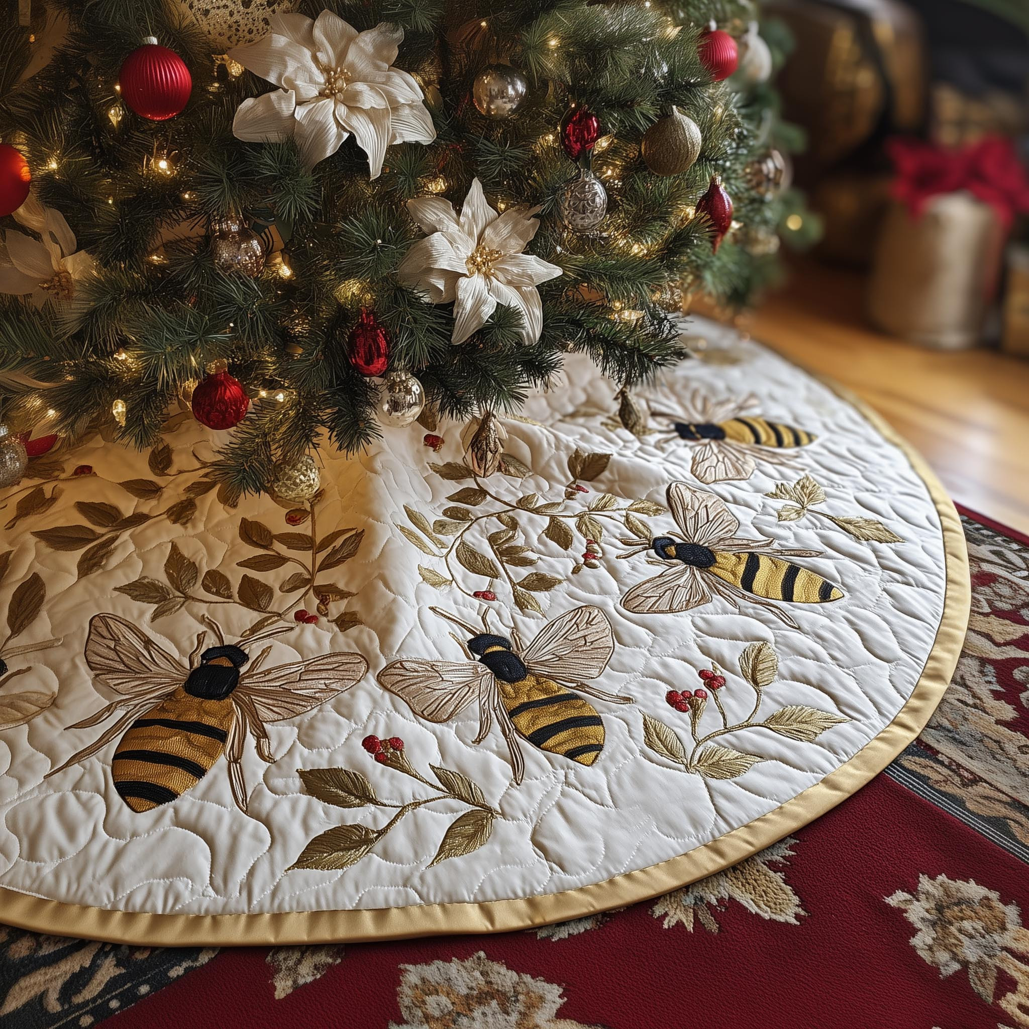 Bee Dream Quilted Tree Skirt Animal Themed Christmas Decor Xmas Gifts For Bee Keepers