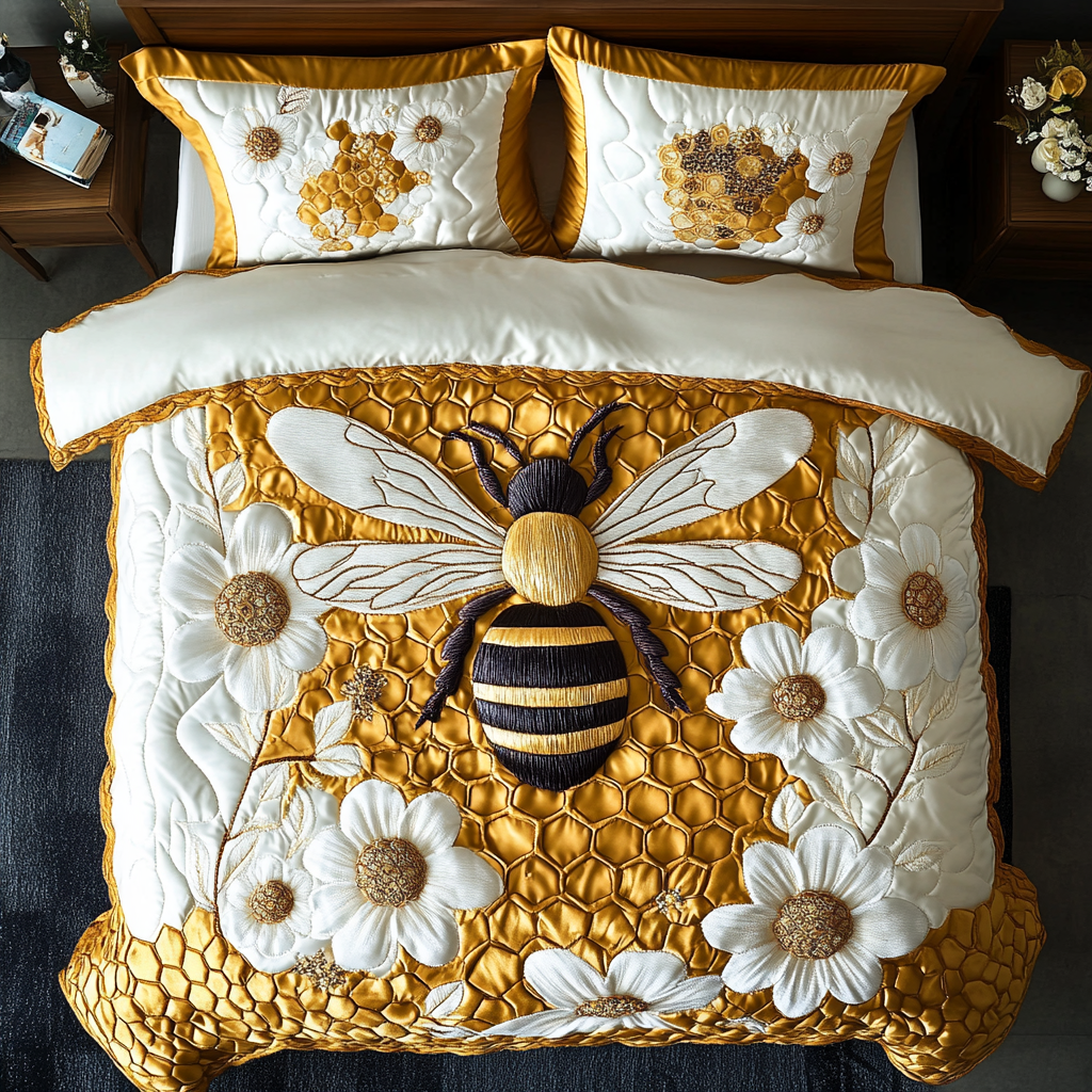 Bee Flight Quilted Bedding Set Holiday Season Duvet Cover Set Presents For Beekeepers