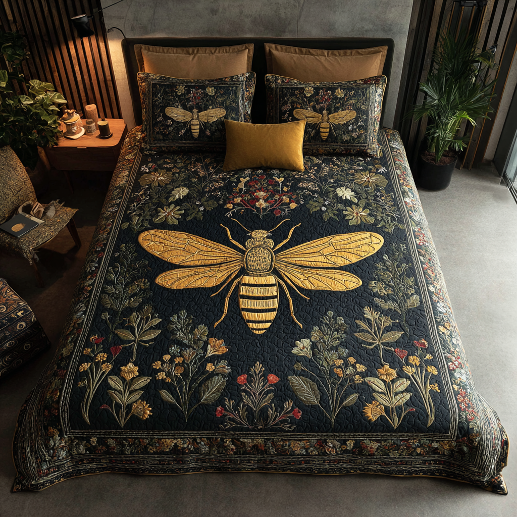 Bee Glow Quilted Bedding Set Cute Room Decor Bee Christmas Gifts