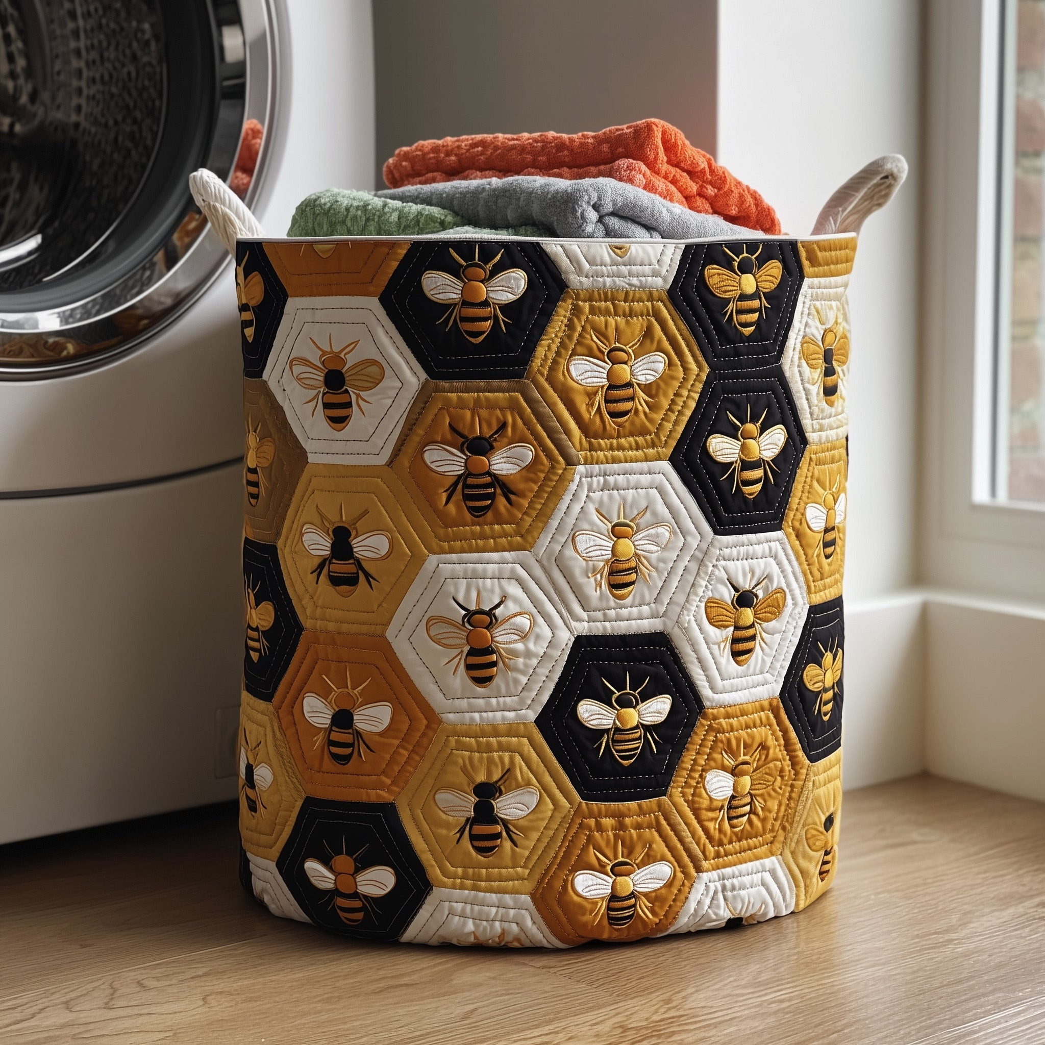 Bee Graphic Pattern Quilted Laundry Basket Interior Decor Accents Gifts For Enthusiasts