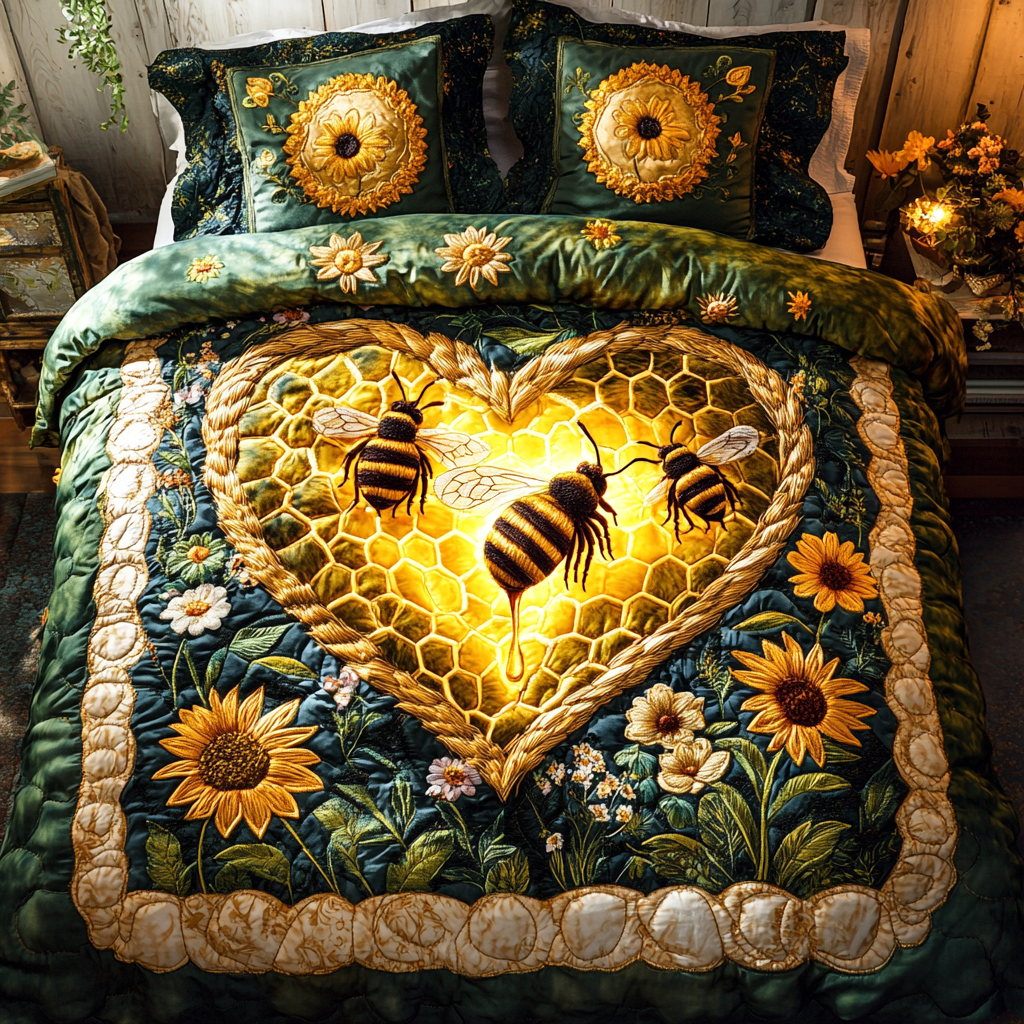 Bee Harmony Quilted Bedding Set Bed Room Decoration Presents For Bee Lovers