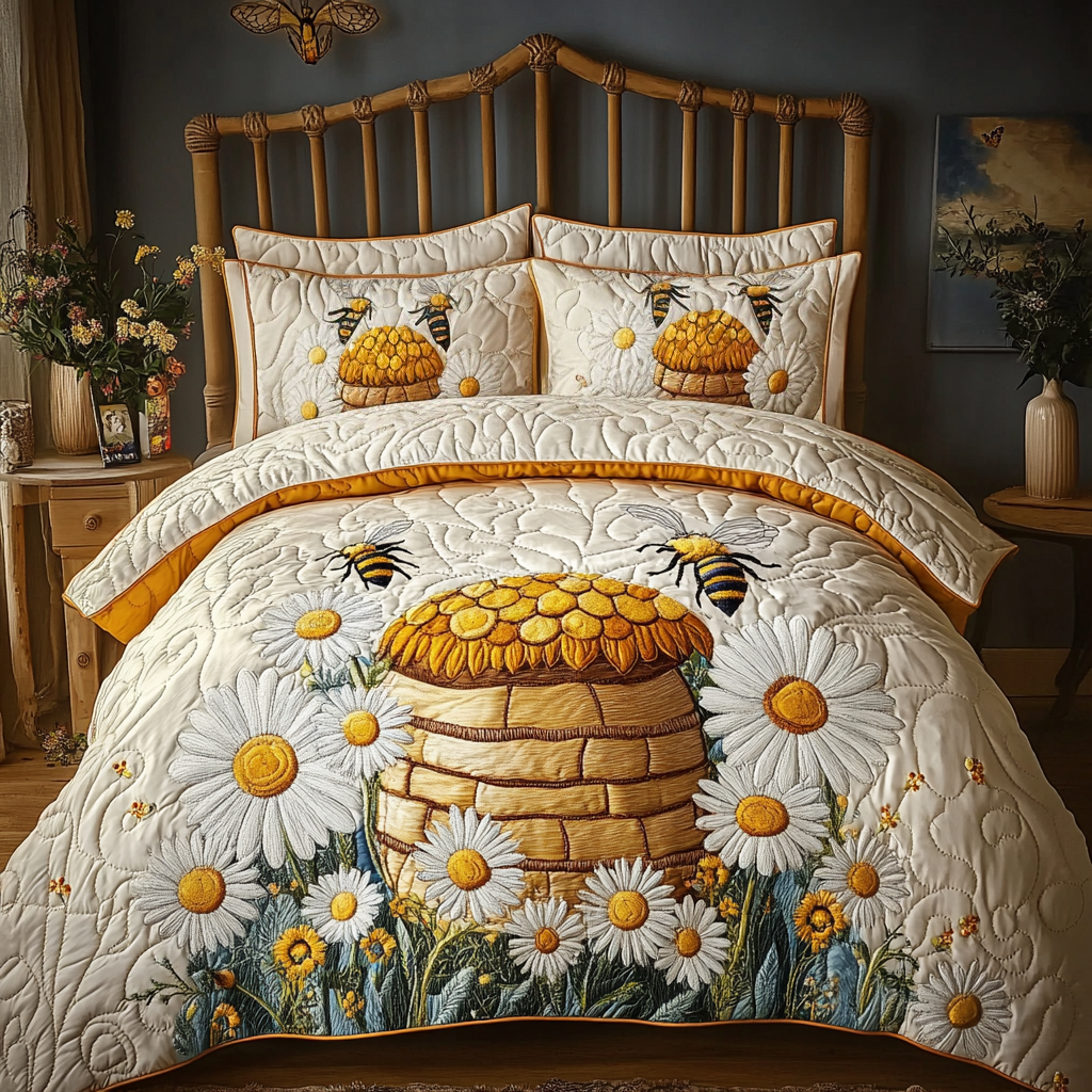 Bee Haven Quilted Bedding Set Cozy Bedroom Decor Honey Themed Gifts