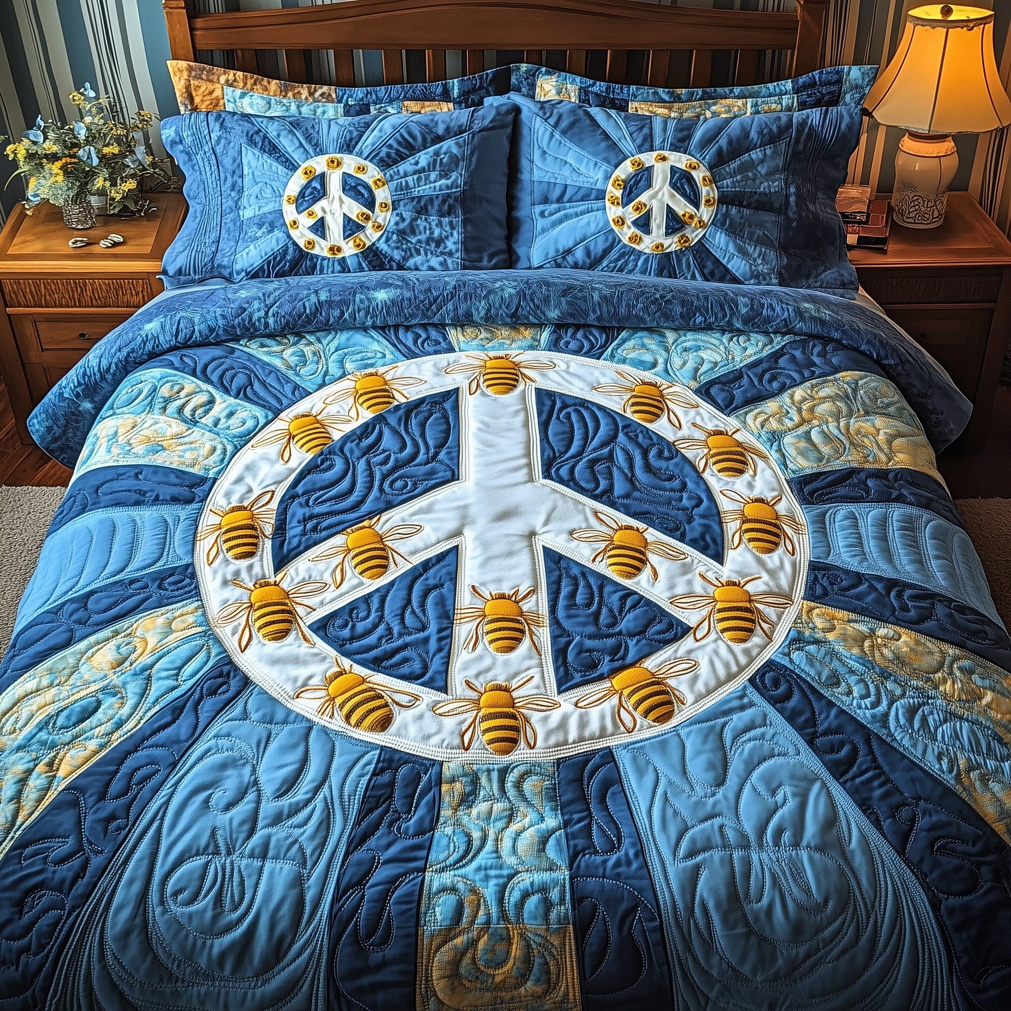 Bee Hippie Quilted Bedding Set Duvet Cover Bed Sheet Bee Gifts For Him