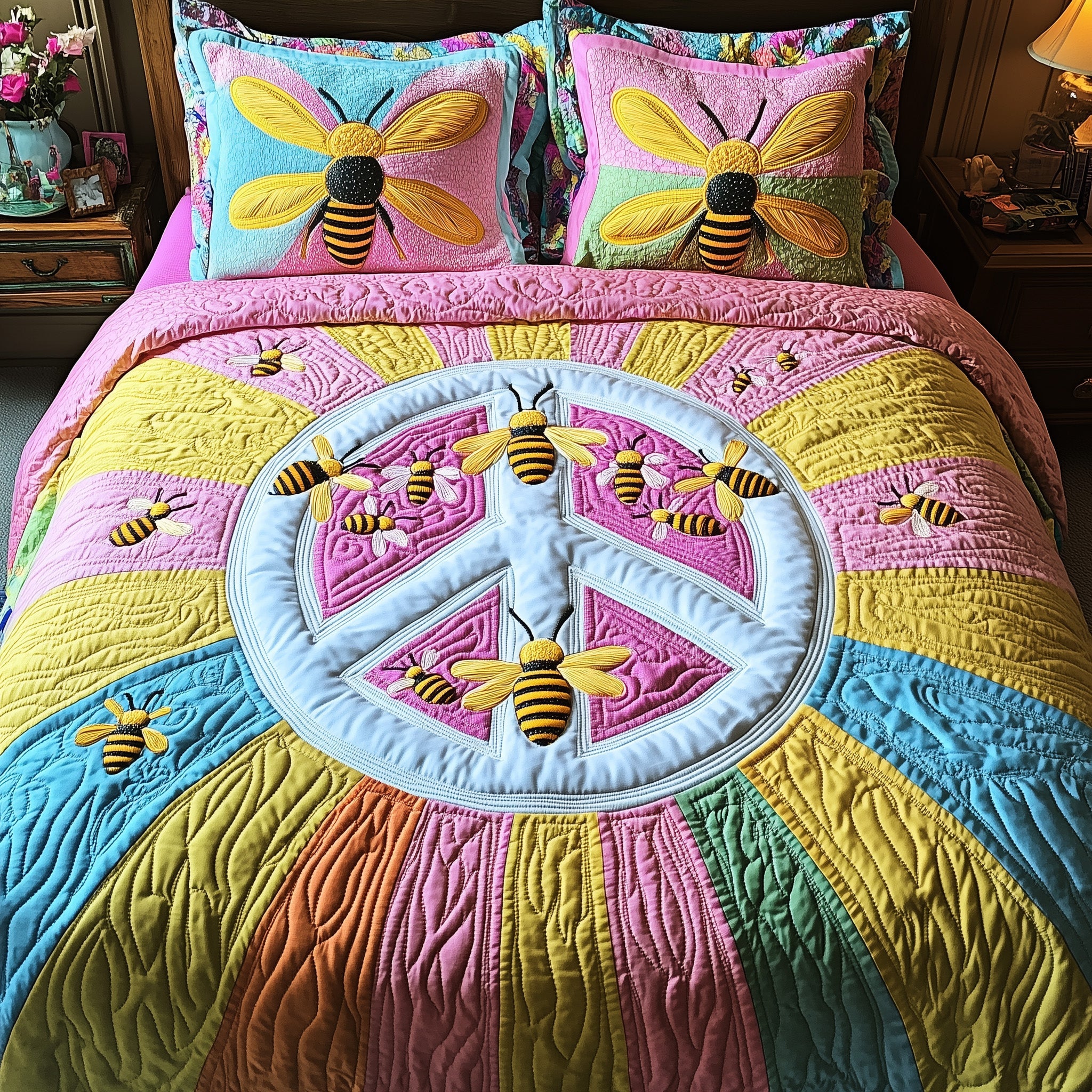 Bee Hippie Quilted Bedding Set Duvet Cover Bed Sheet Bee Merchandise